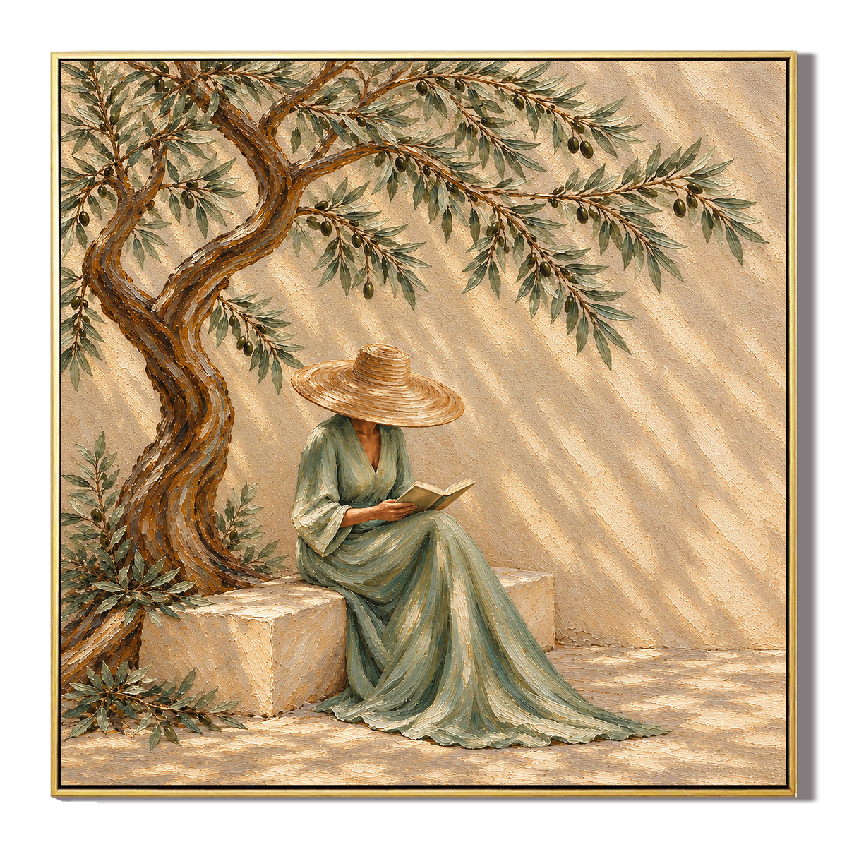 "Serenade in Olive Shade" – Mediterranean Wabi-Sabi Sage Green Lady Reading Textured Acrylic Painting