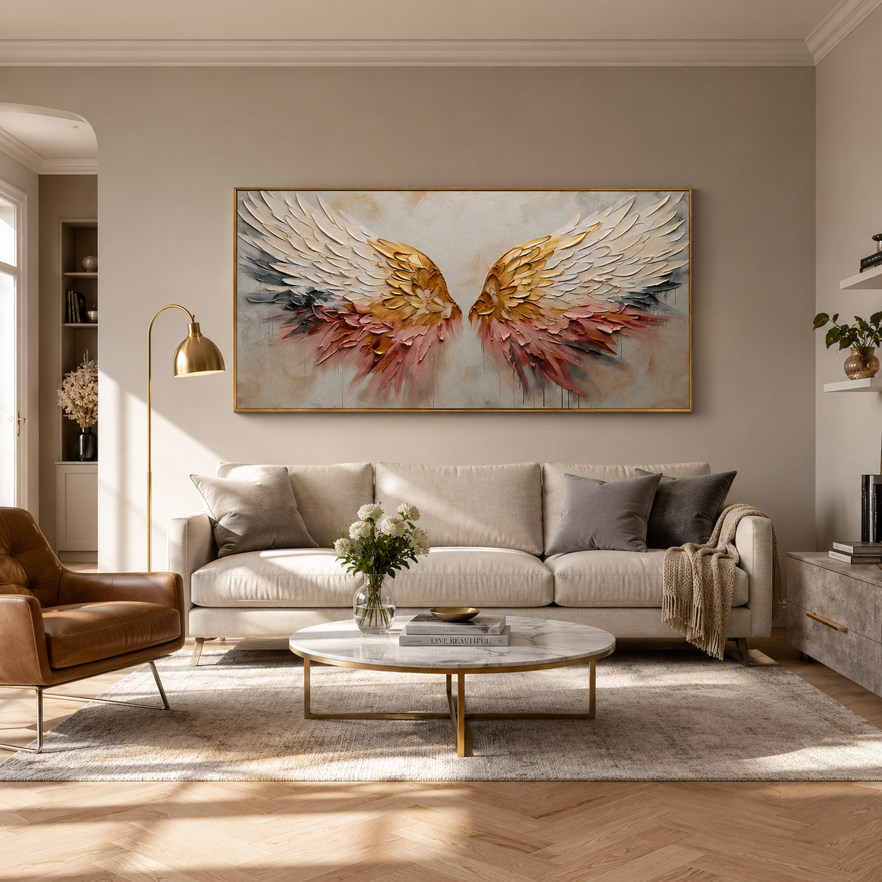 “Wings of Grace” – Gold White Angel Wings Impasto Oil Painting
