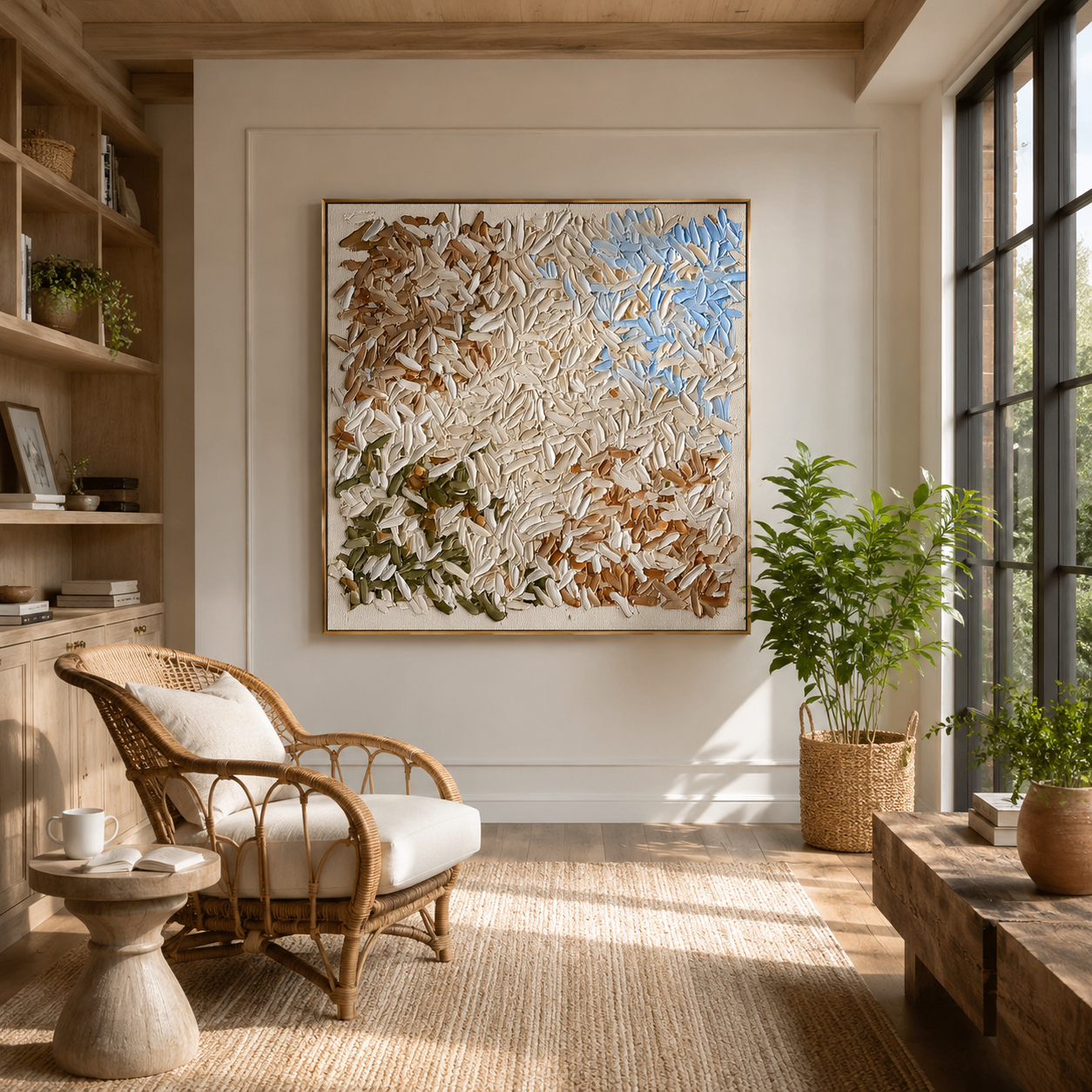 "Petal Harmony" – Cream Floral Textured Abstract Painting