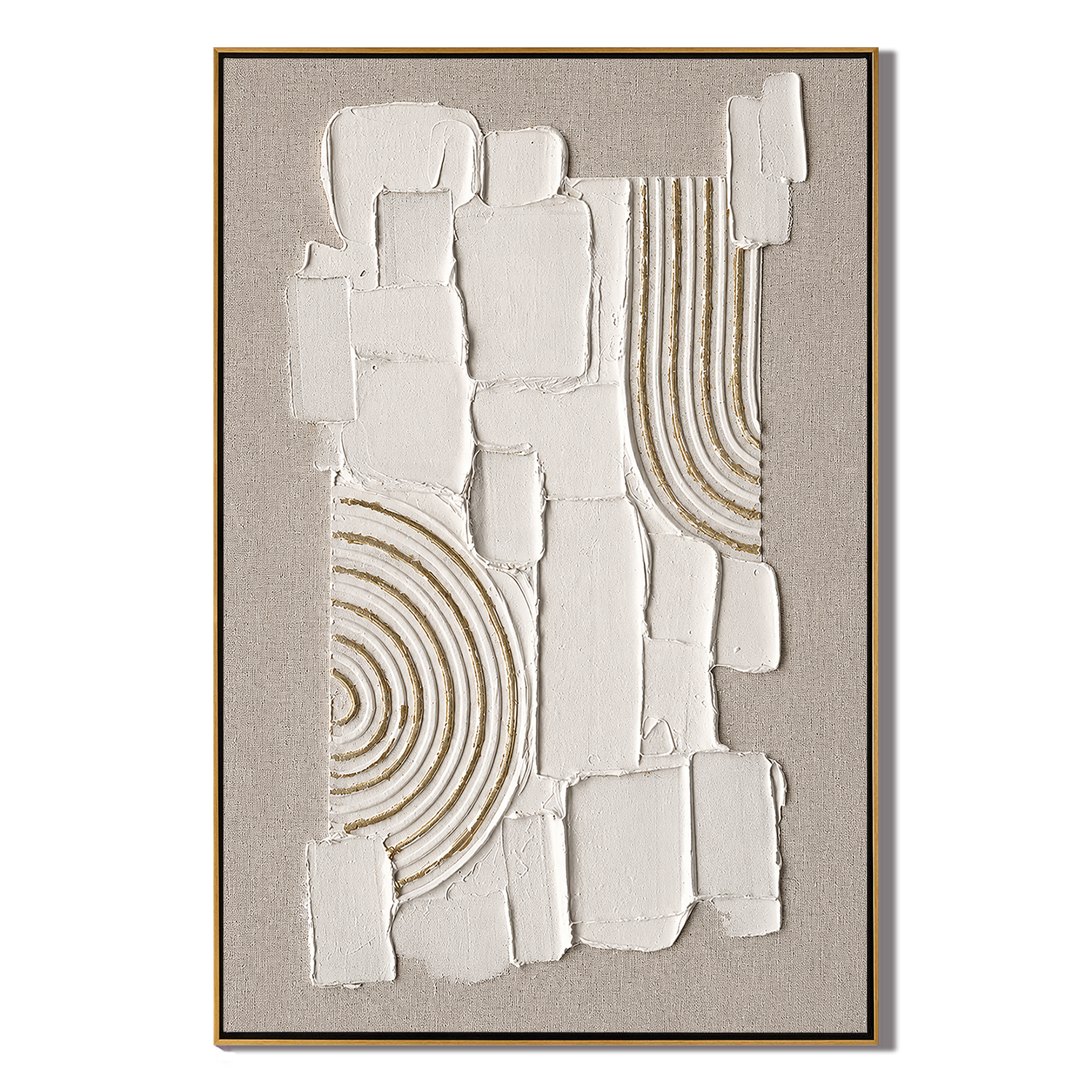 "Gilded Stillness" – Wabi Sabi White Geometric Textured Painting