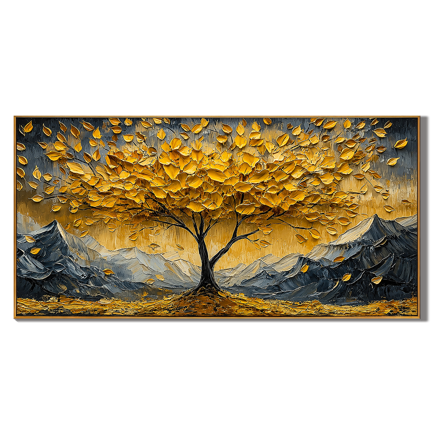 “Golden Abundance” – Textured Tree and Mountain Landscape Oil Painting