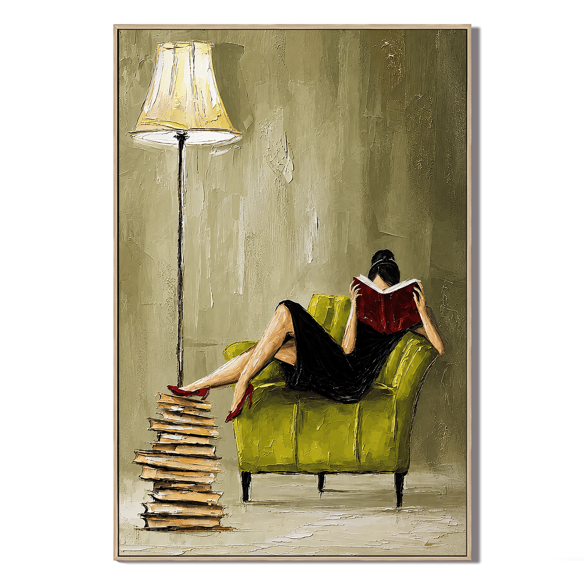 "Midnight Page" – Modern Reader Olive Green Armchair Impasto Oil Painting