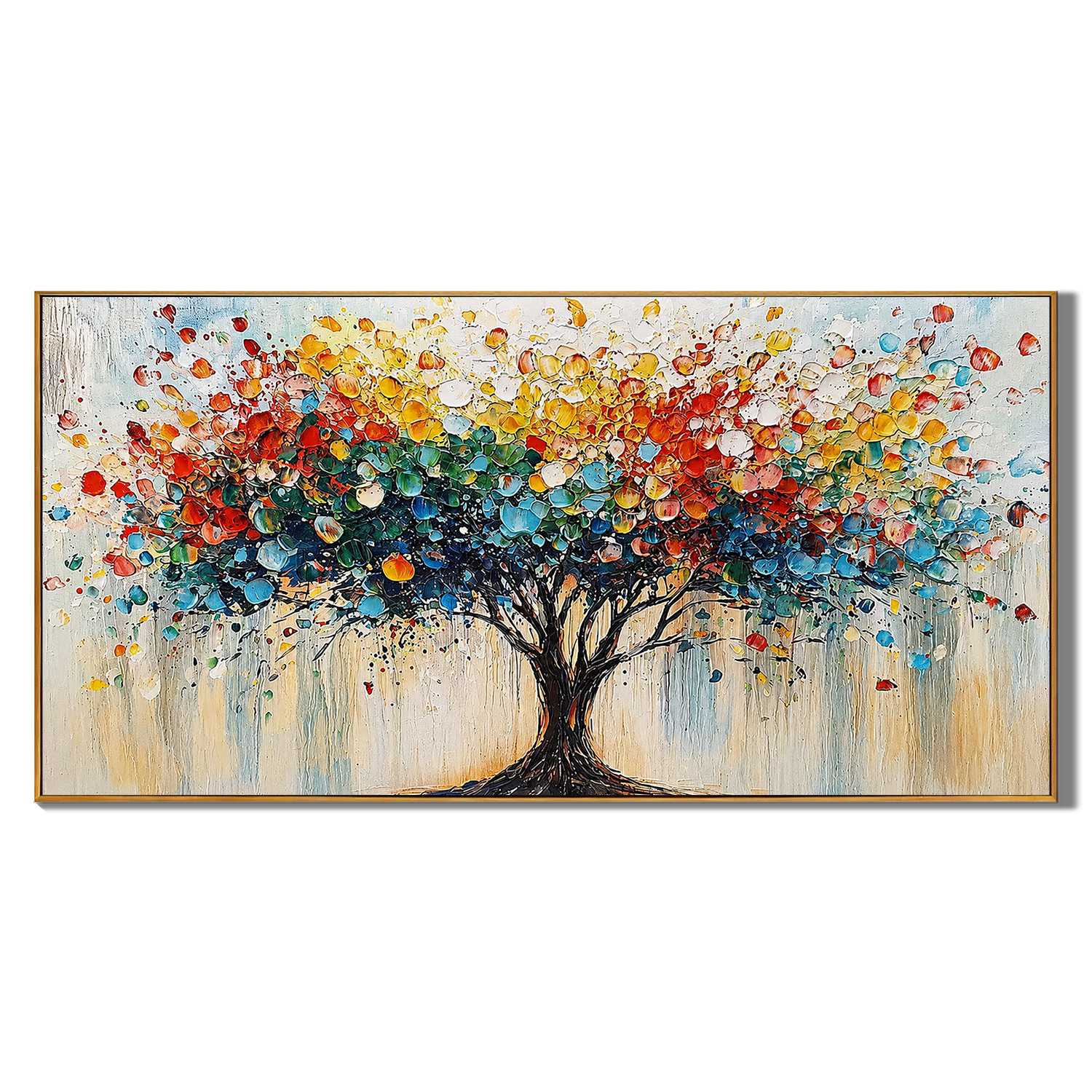 “Tree of Radiant Joy” – Colorful Abstract Tree Panoramic Hand-Painted Canvas Art