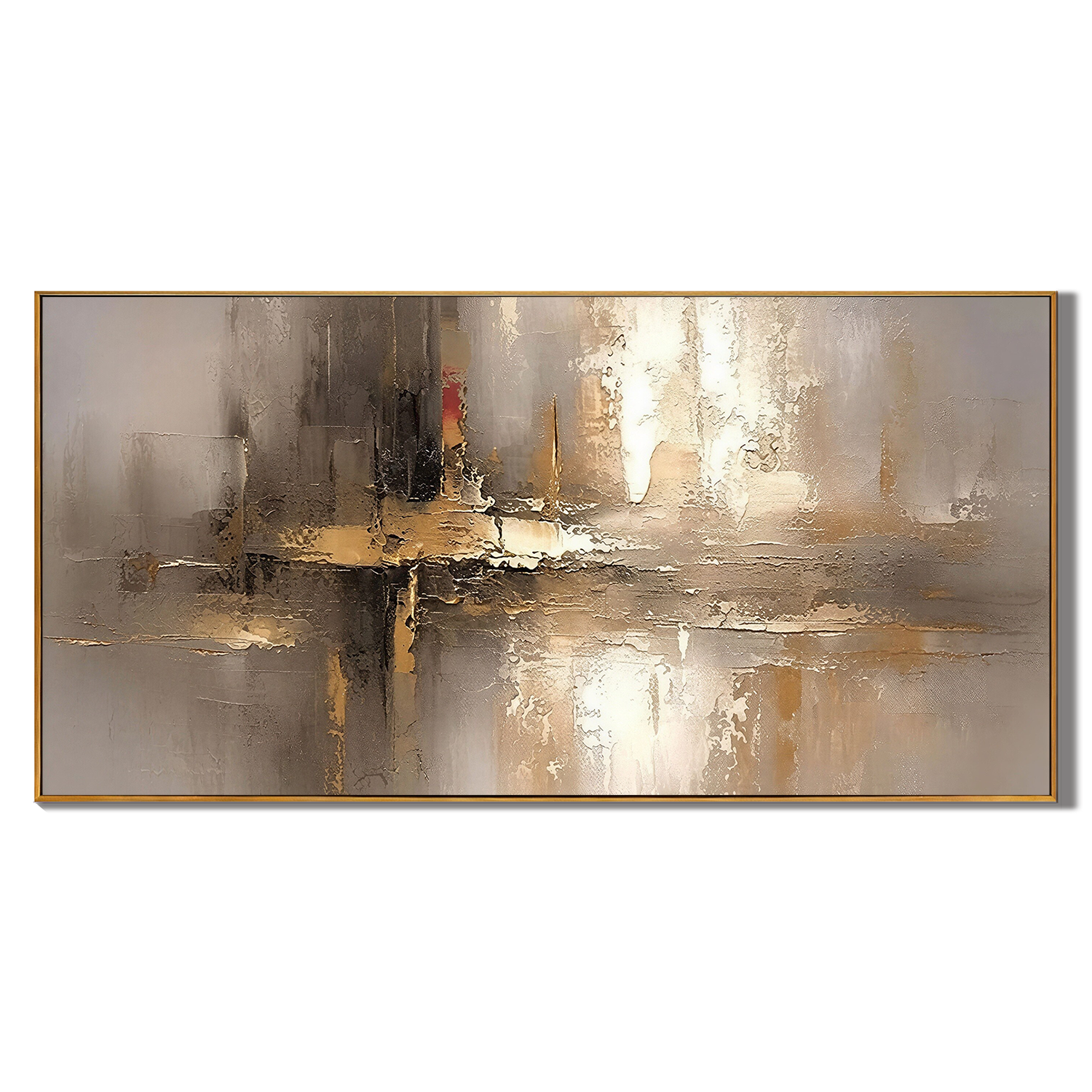 “Golden Silence” – Modern Taupe Gold Abstract Panoramic Hand-Painted Canvas Art