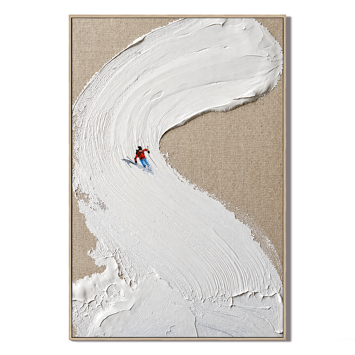 “The Snow Track” - Minimalist Textured Skiing Impasto Oil Painting