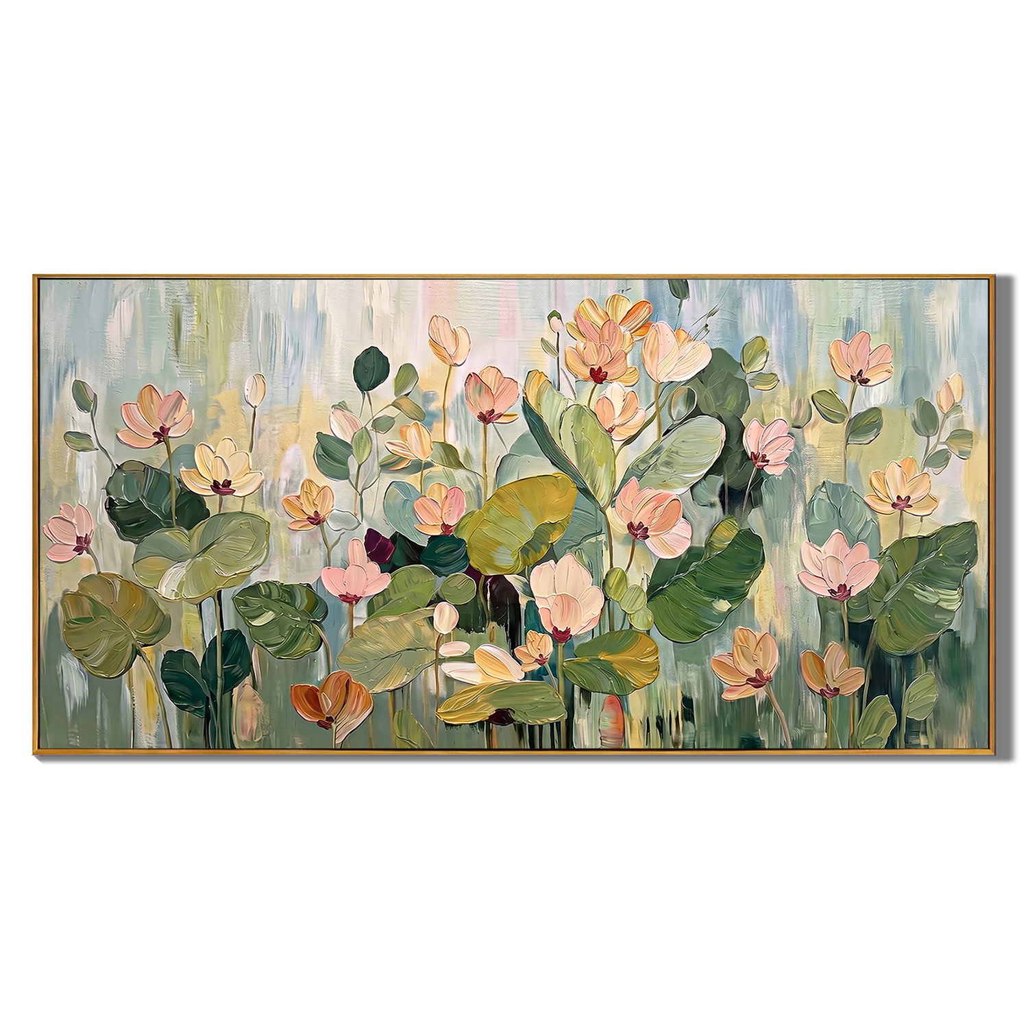 “Garden in the Morning Mist” – Soft Green Floral Panoramic Hand-Painted Canvas Art