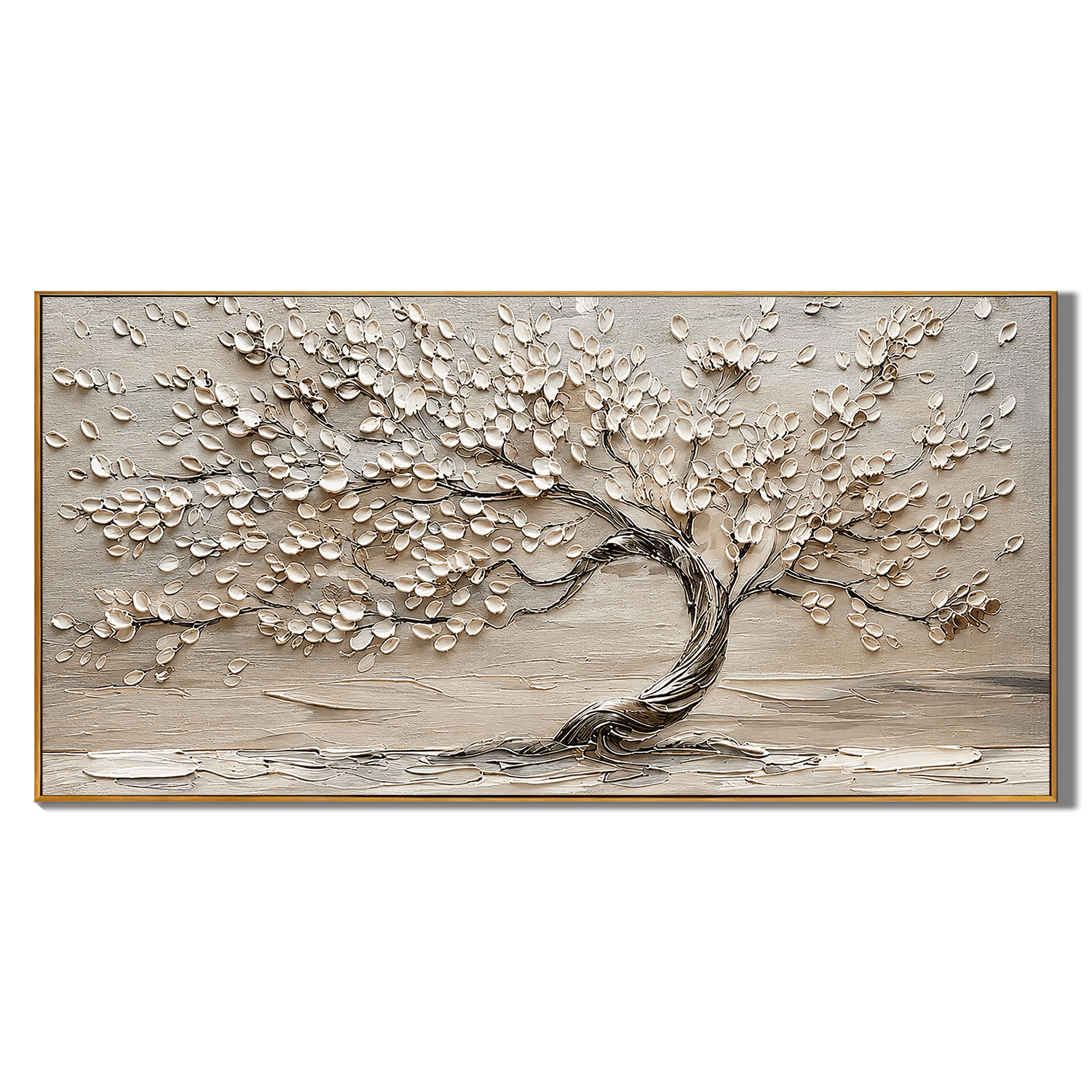 “Whispering Branches” – Wabi-Sabi Beige Tree Panoramic Hand-Painted Canvas Art