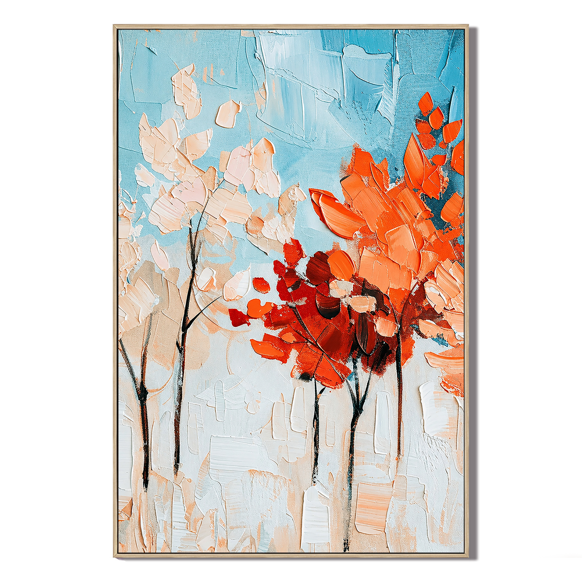 "Tango of Seasons" – Vibrant Autumn Trees Blue & Orange Textured Impasto Painting