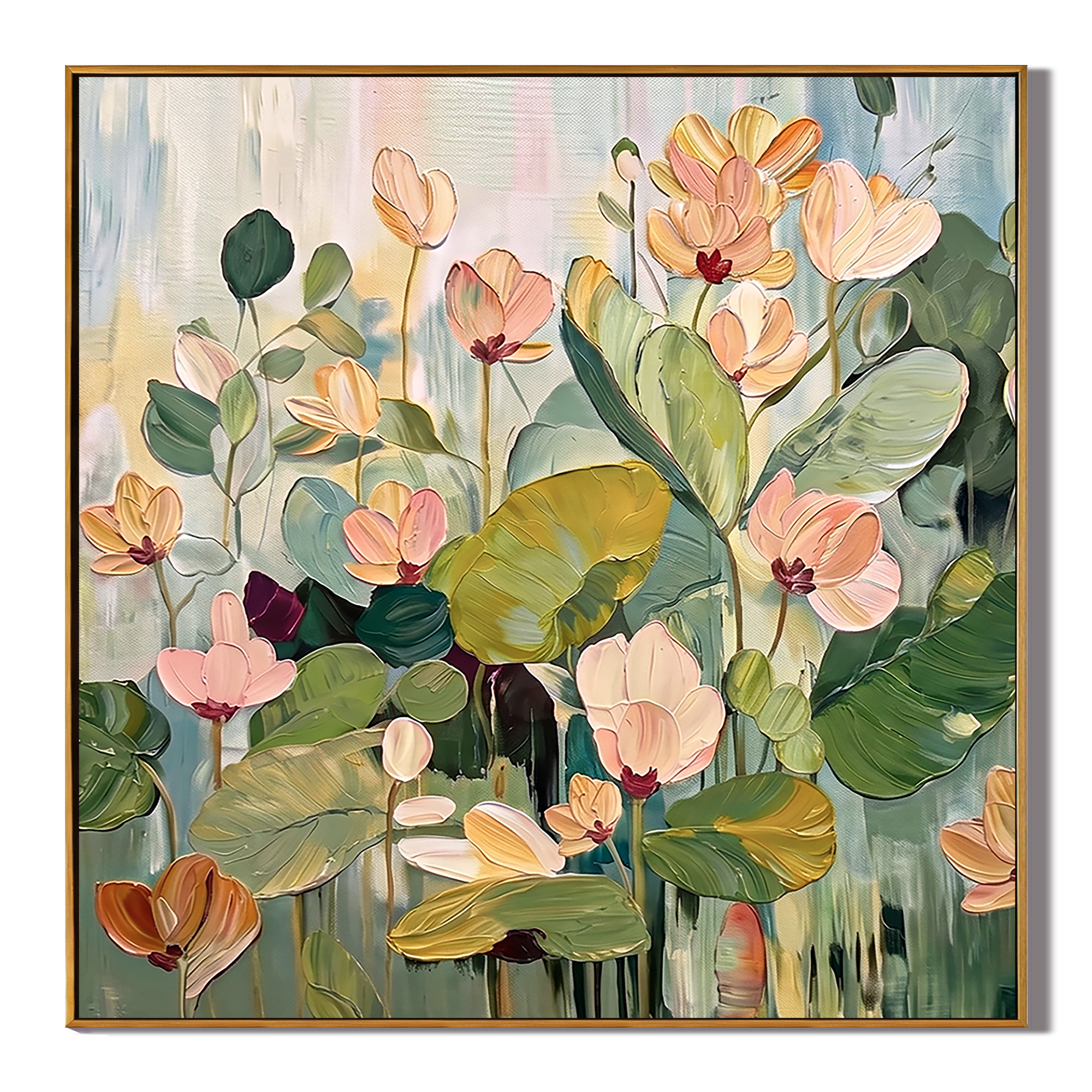 “Blooming Stillness” – Soft Green Lotus Floral Hand-Painted Canvas Art