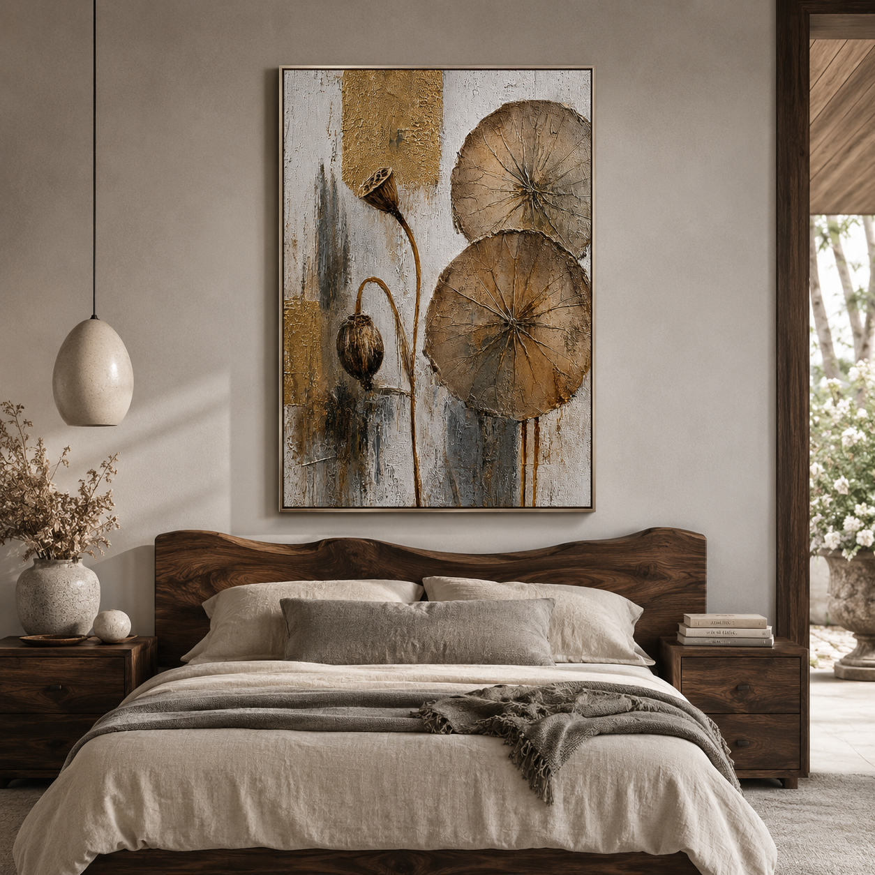 "Lotus Remains" – Zen Gold Lotus Textured Abstract Painting