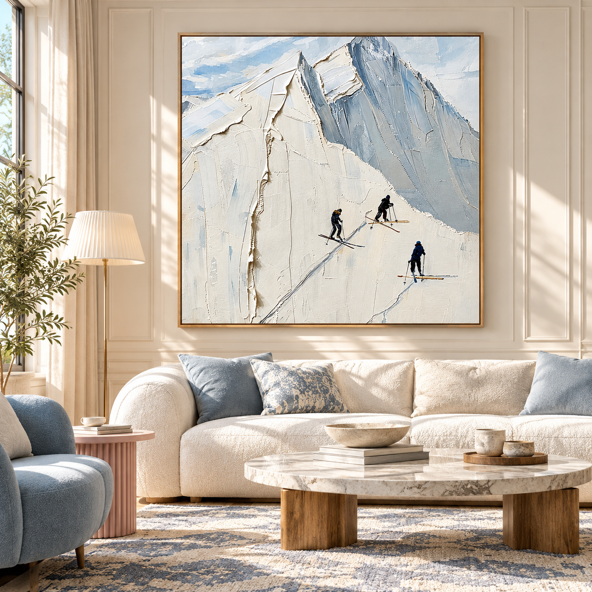 "Alpine Silence" – Minimalist Textured Mountain Skiing Impasto Canvas Oil Painting