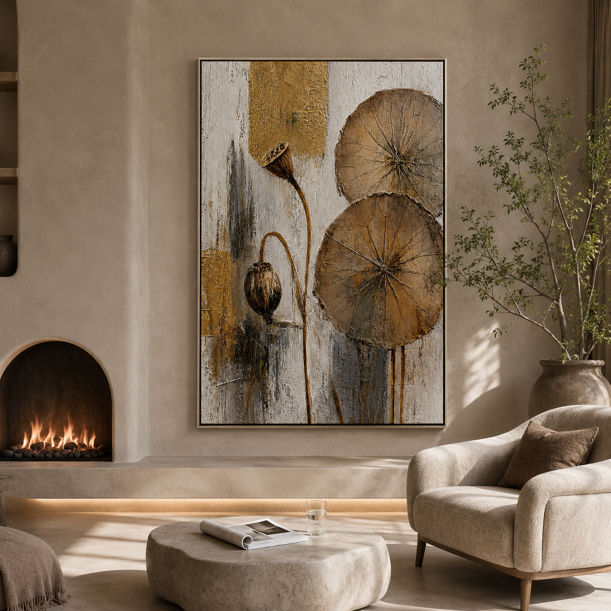 "Lotus Remains" – Zen Gold Lotus Textured Abstract Painting