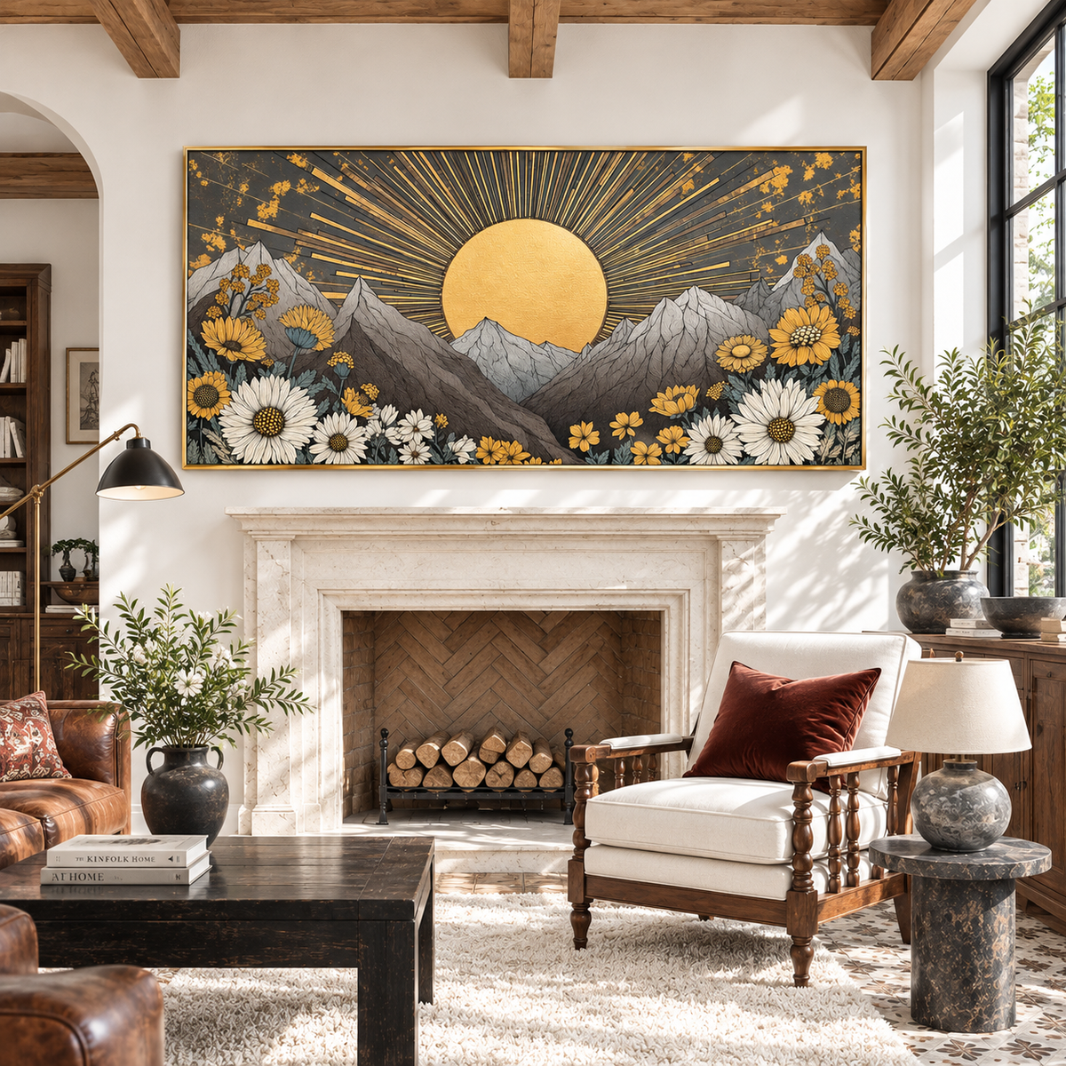 "Golden Meridian" – Art Deco Mountain Sunrise Hand-Painted Oil Painting