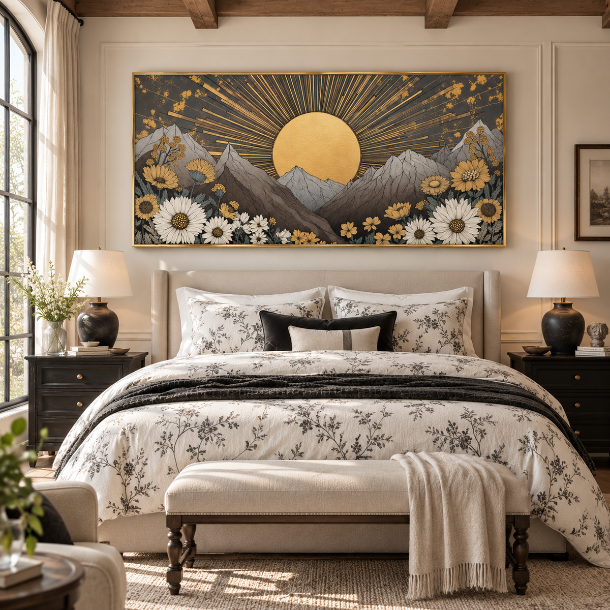 "Golden Meridian" – Art Deco Mountain Sunrise Hand-Painted Oil Painting