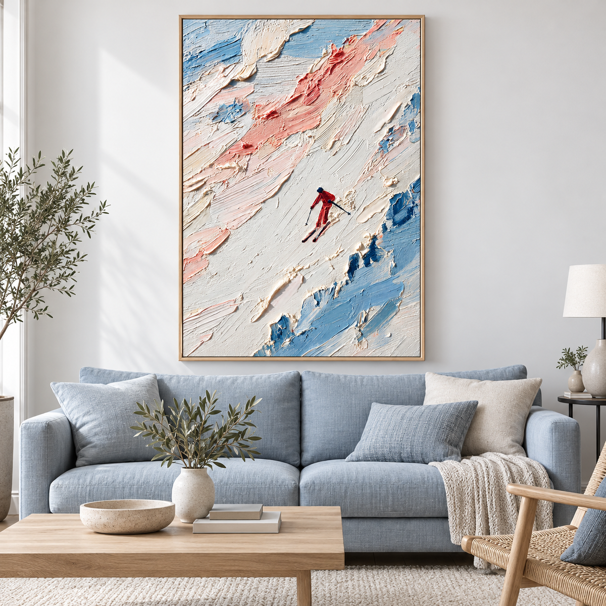 "Crimson Descent" – Textured Impasto Solo Skier Canvas Painting