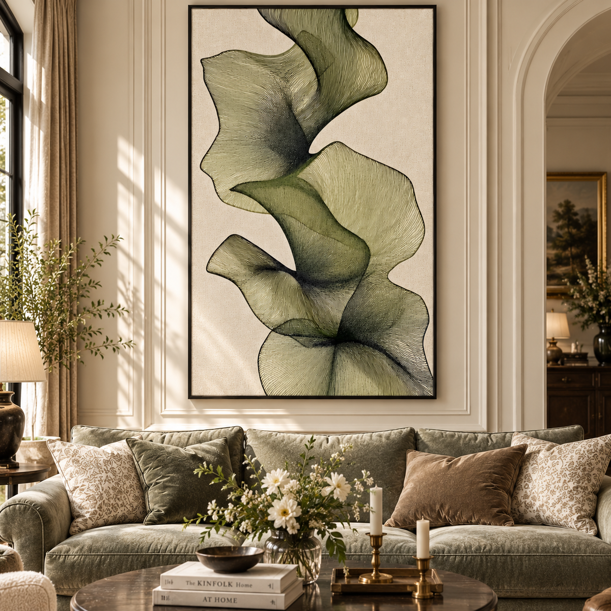 "Verdant Flow" – Japandi Style Minimalist Olive Green Line Art Canvas Painting