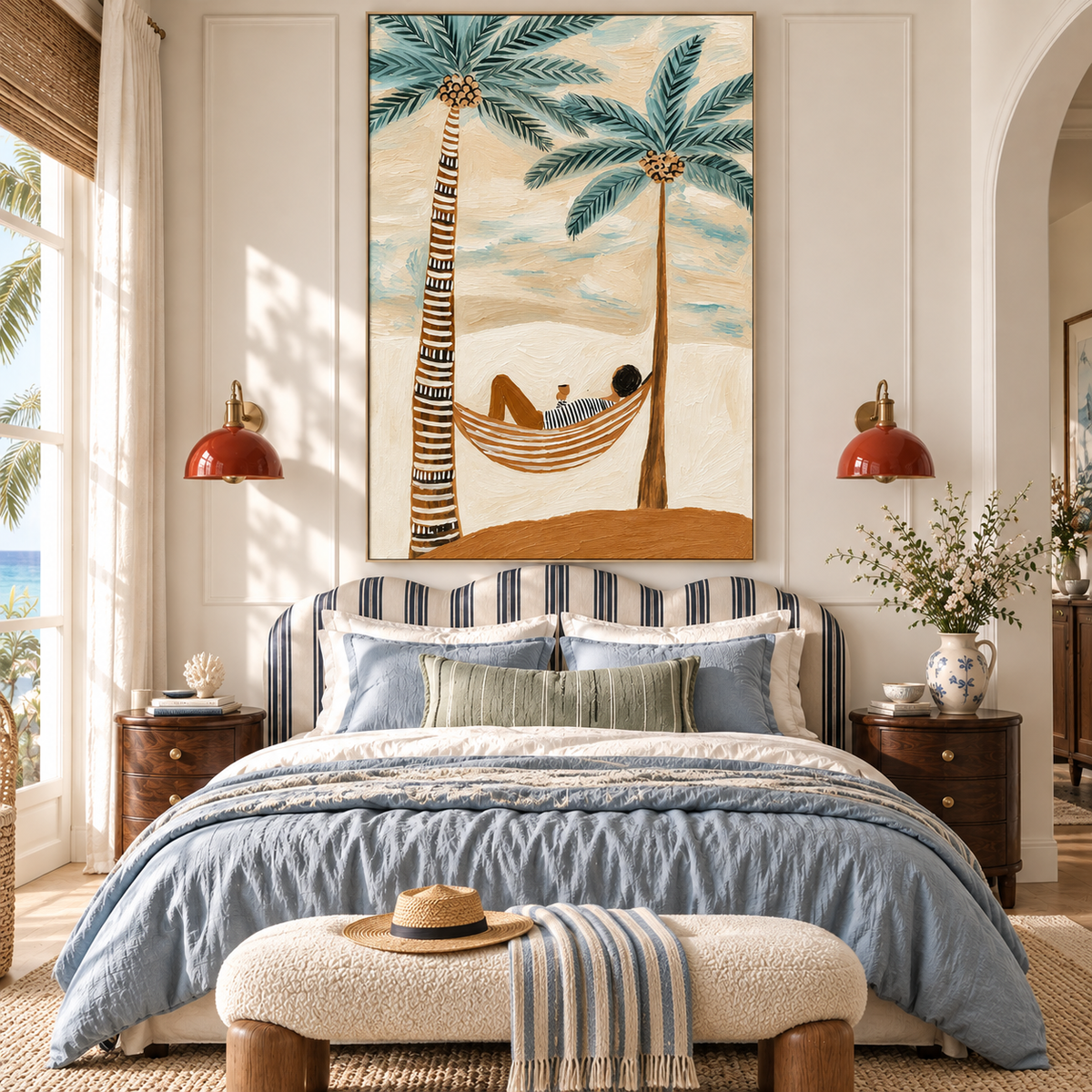 "Island Dream" – Textured Folk Art Style Tropical Palm Tree Hammock Painting