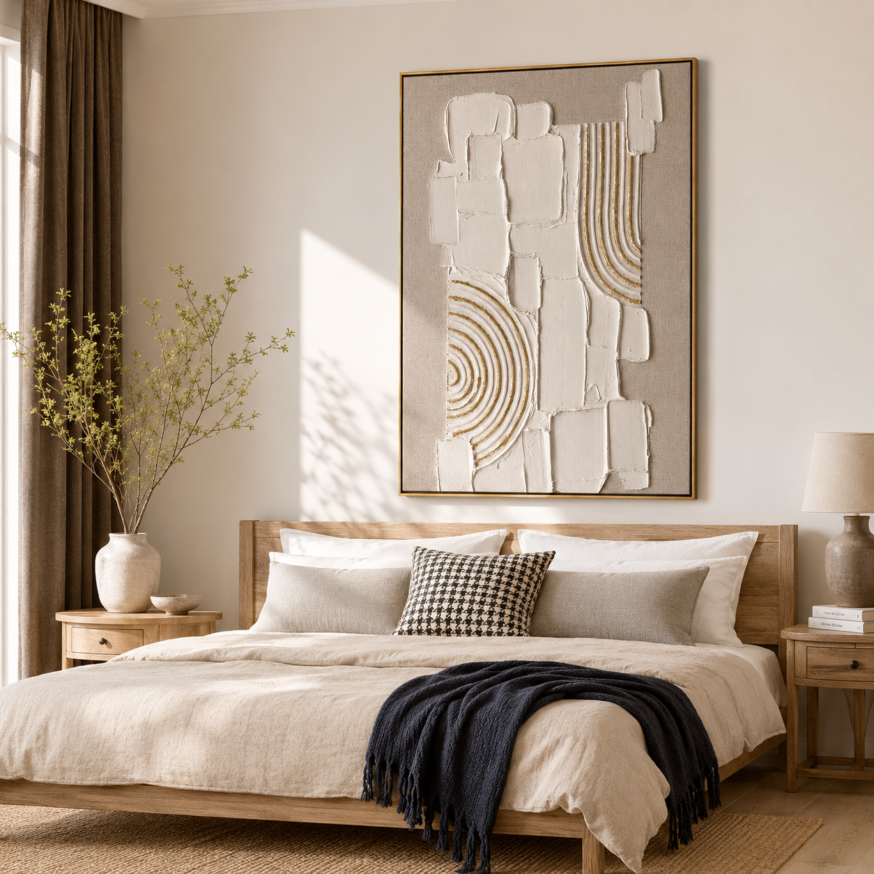 "Gilded Stillness" – Wabi Sabi White Geometric Textured Painting