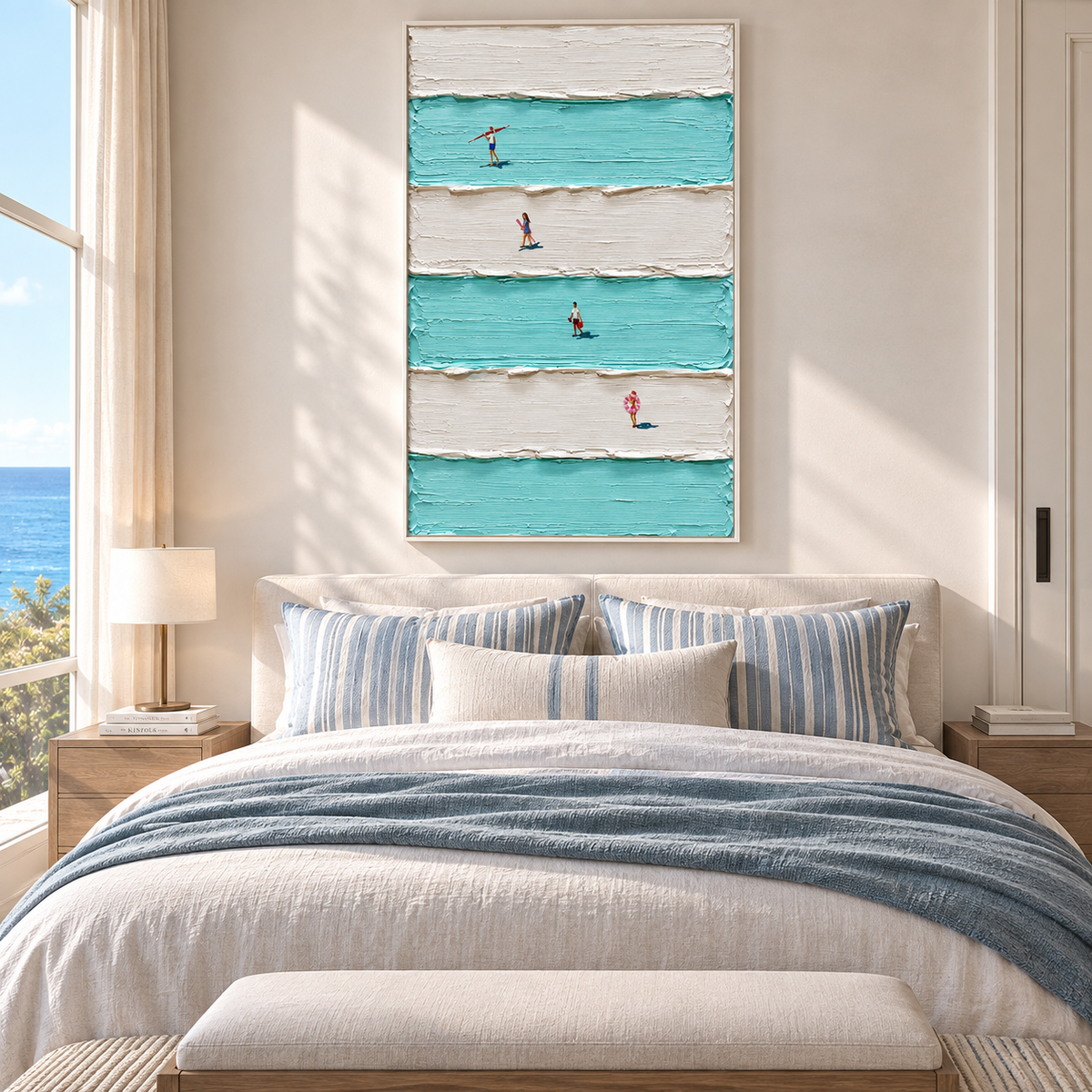 "Striped Waves" – Minimalist Striped Aerial Swimmers Textured Oil Painting