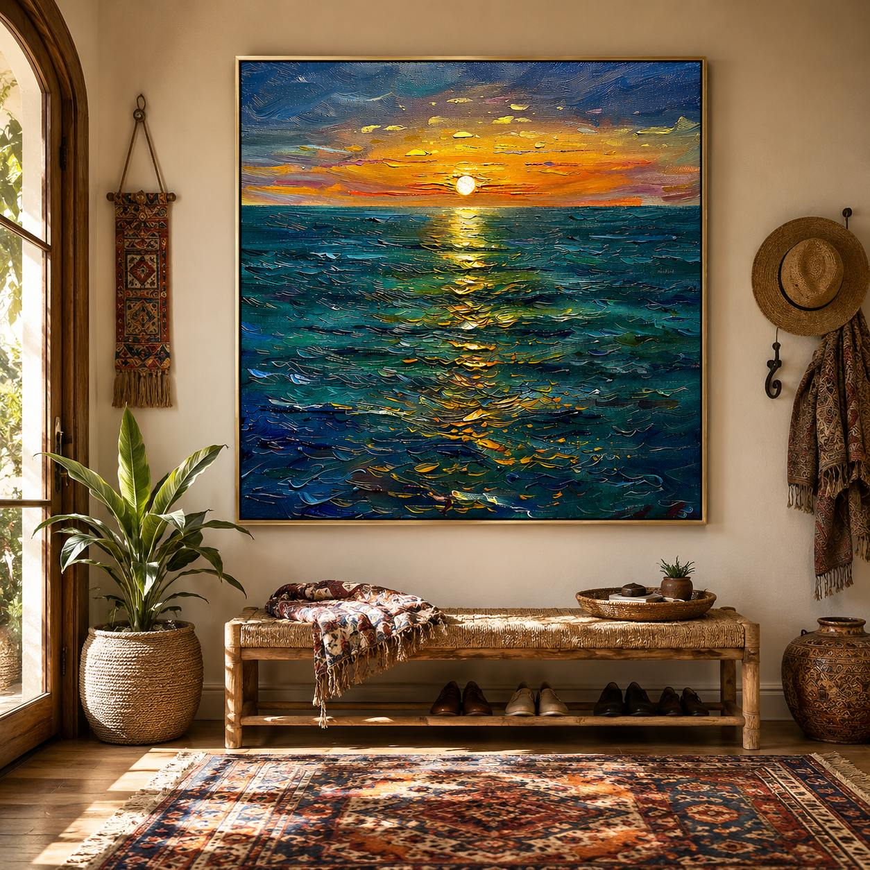 "Golden Horizon" – Ocean Sunset Textured Oil Painting