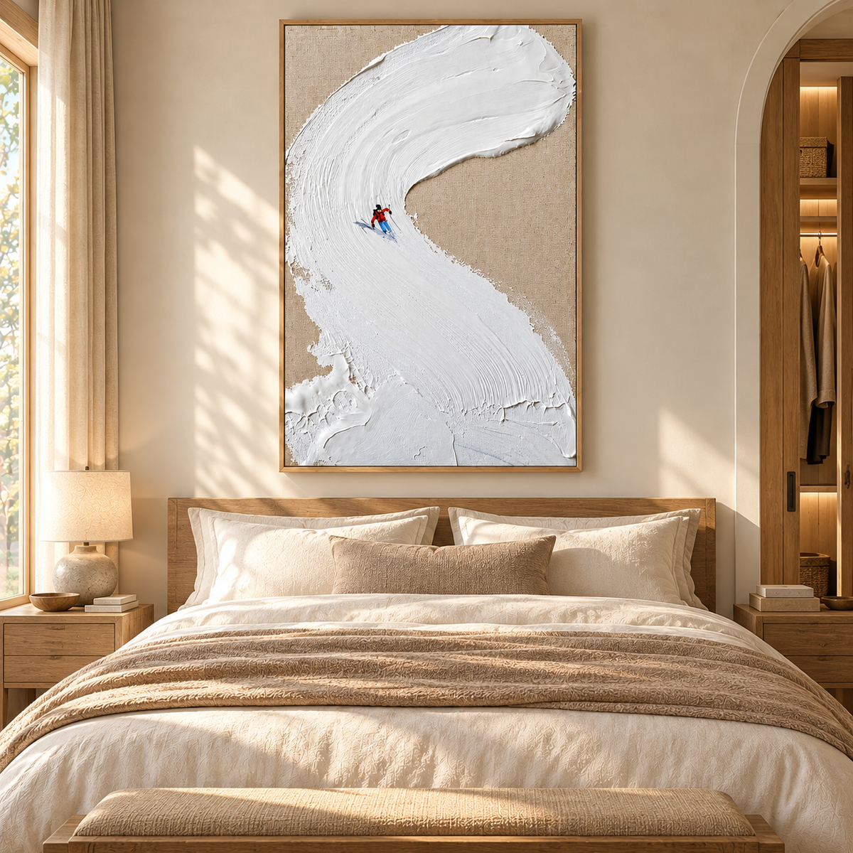 “The Snow Track” - Minimalist Textured Skiing Impasto Oil Painting