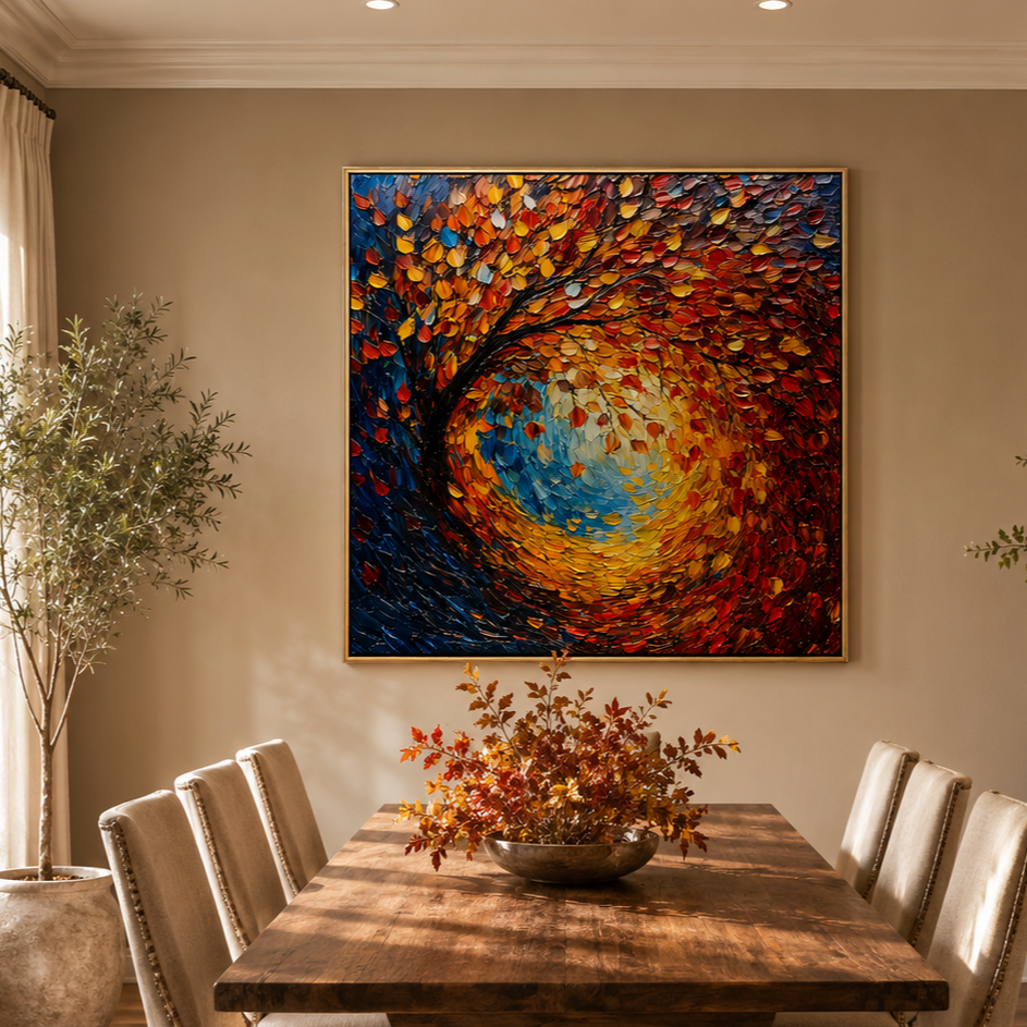 "Autumn Radiance" – Colorful Tree Landscape Textured Oil Painting