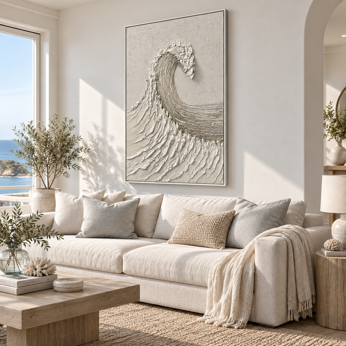 "White Tide Stillness" – Wabi Sabi Wave Textured Oil Painting