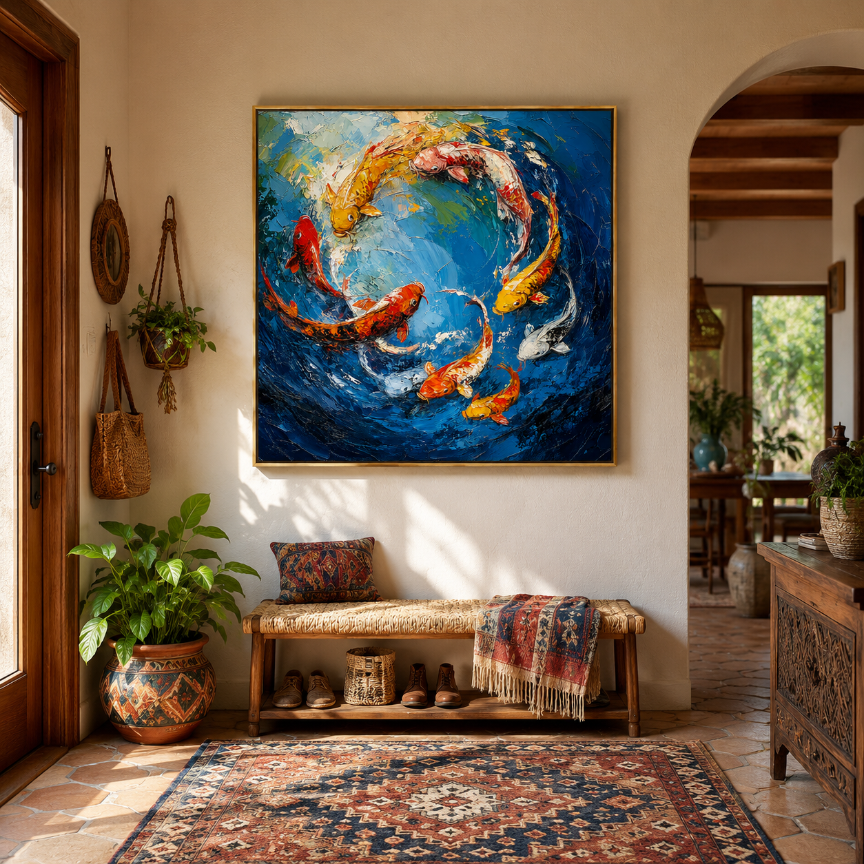"Prosperity Current" – Colorful Koi Fish Textured Oil Painting