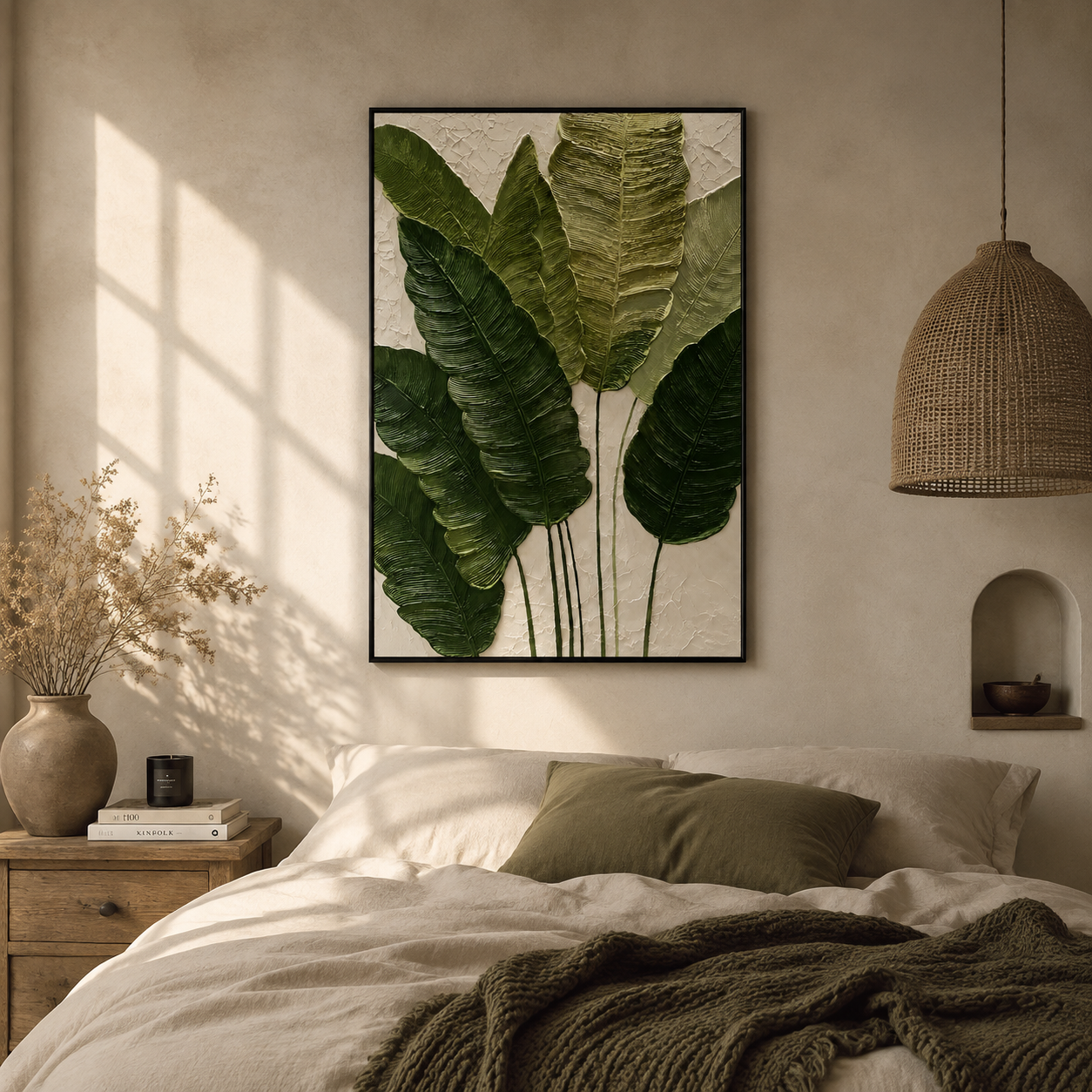 "Verdant Echoes" – Modern Tropical Green Leaf Textured Acrylic Painting
