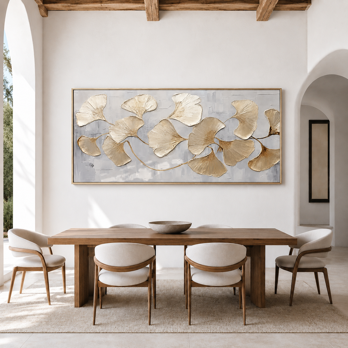 "Whispers of Autumn" – Modern Champagne Gold Ginkgo Leaf 3D Textured Acrylic Painting