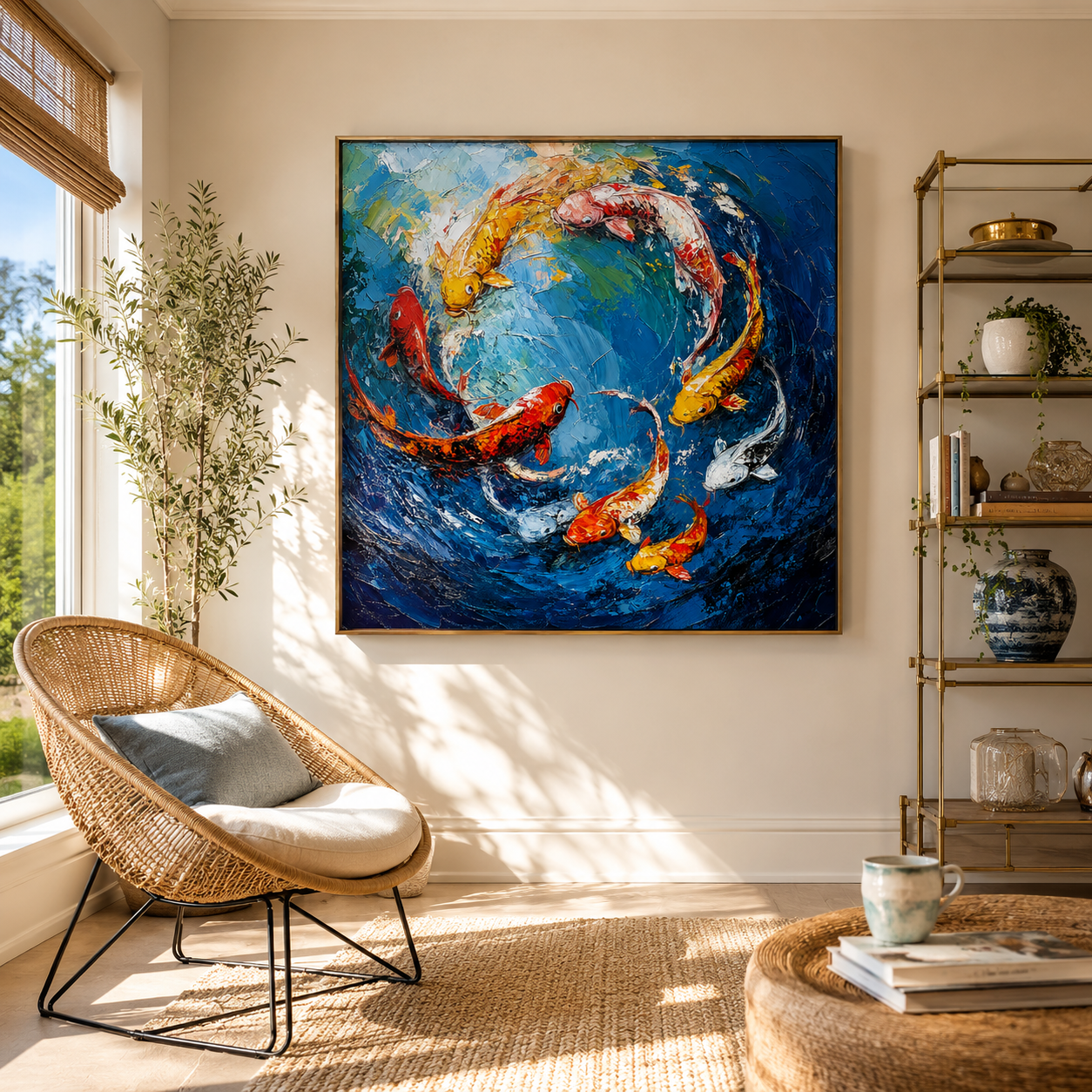"Prosperity Current" – Colorful Koi Fish Textured Oil Painting