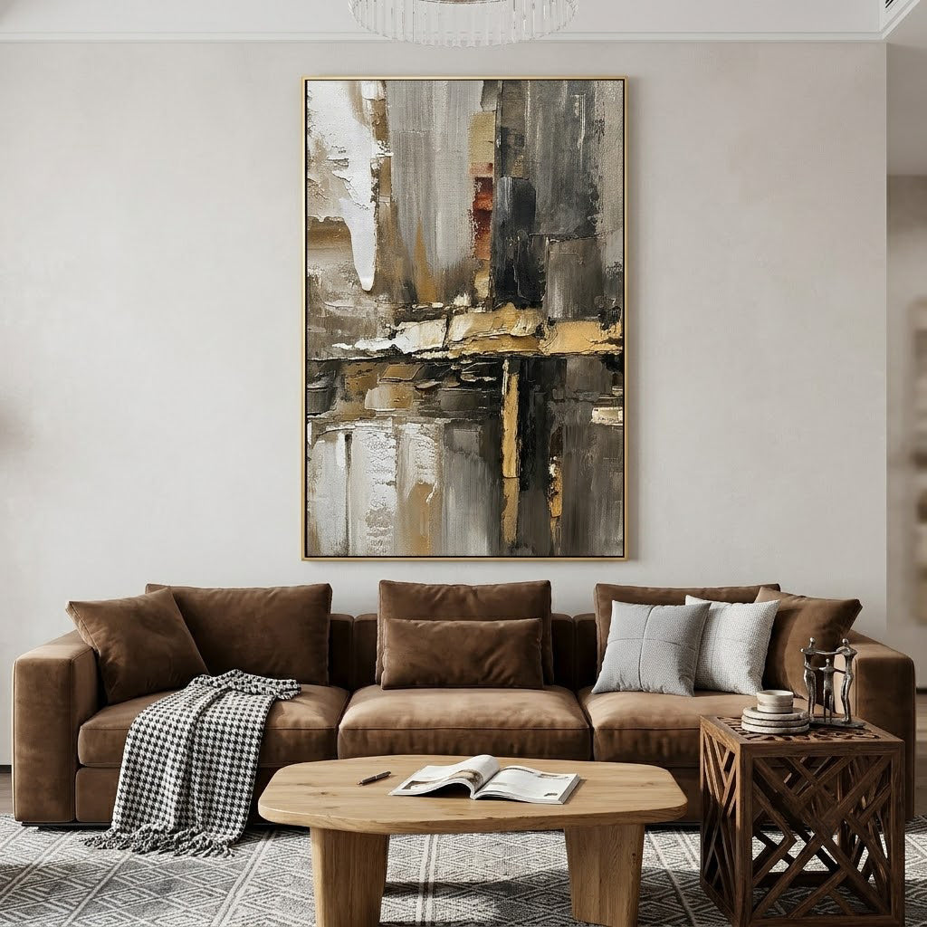 "Urban Relic" – Industrial Black Gold Textured Abstract Painting