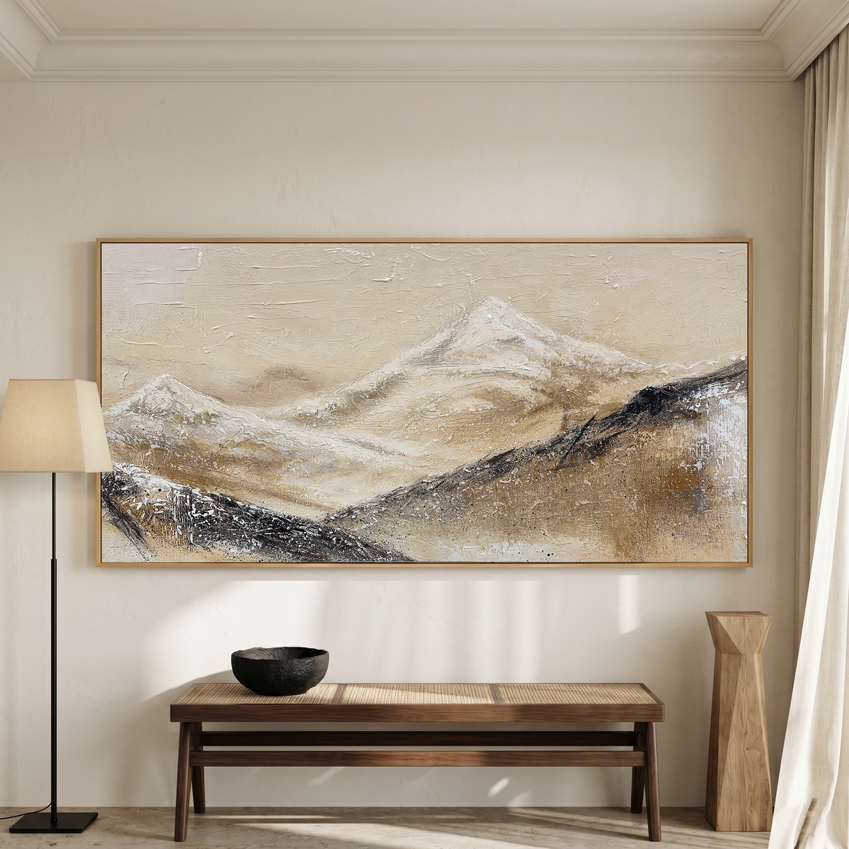 “Silent Mountain Trace” – Wabi-Sabi Beige Abstract Landscape Hand-Painted Canvas Art