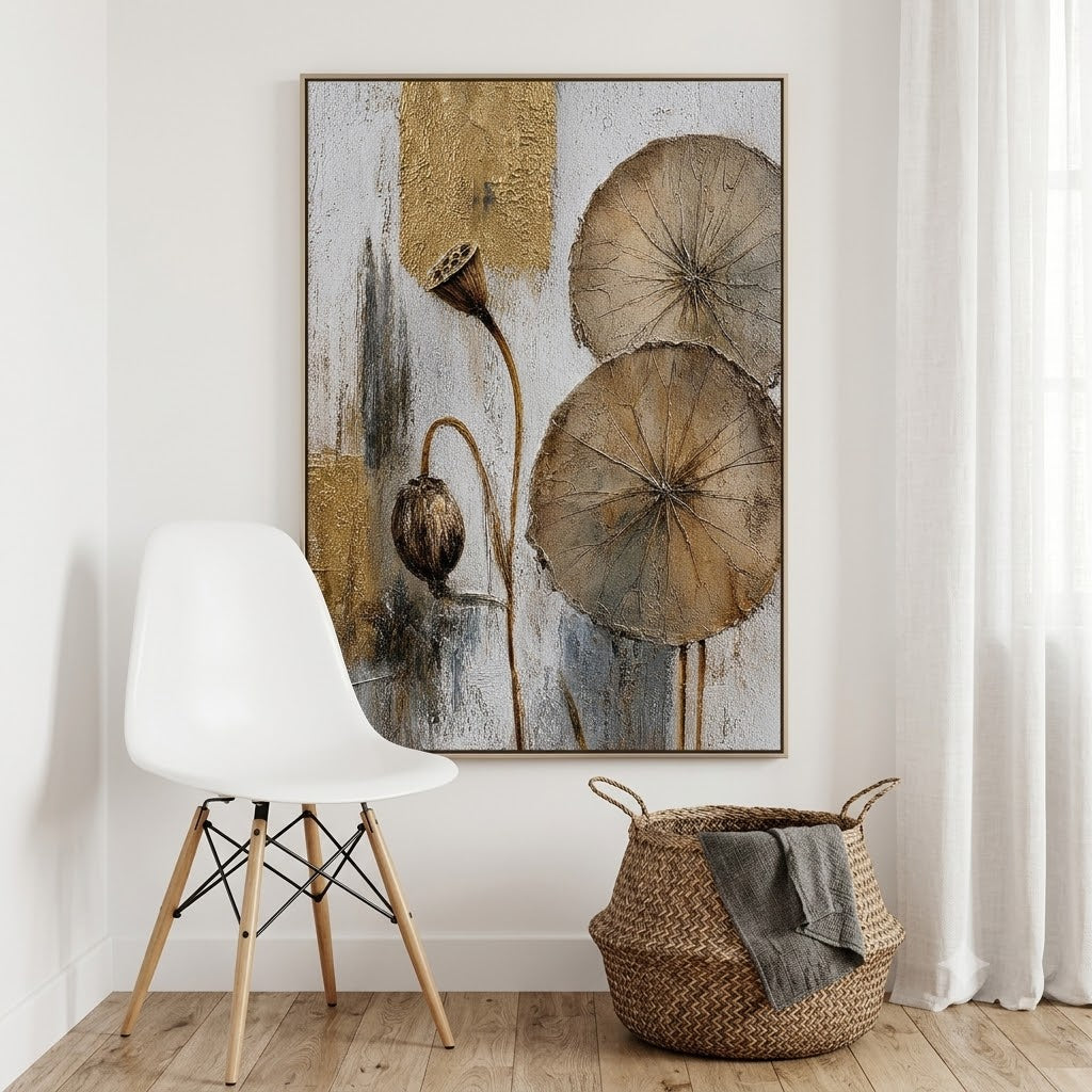 "Lotus Remains" – Zen Gold Lotus Textured Abstract Painting