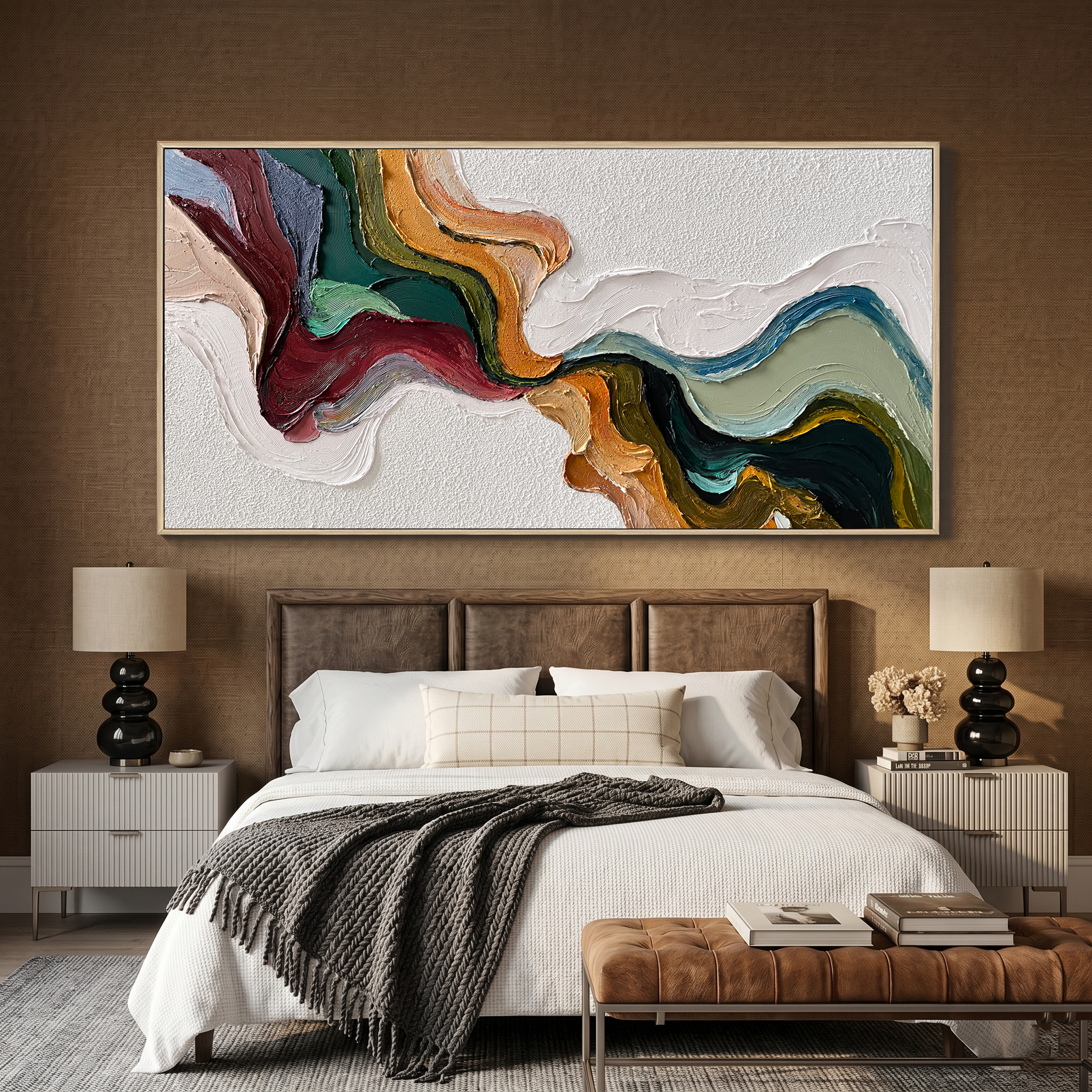 “Earthen Current” – Textured Abstract Impasto Painting in Olive Green and Ochre