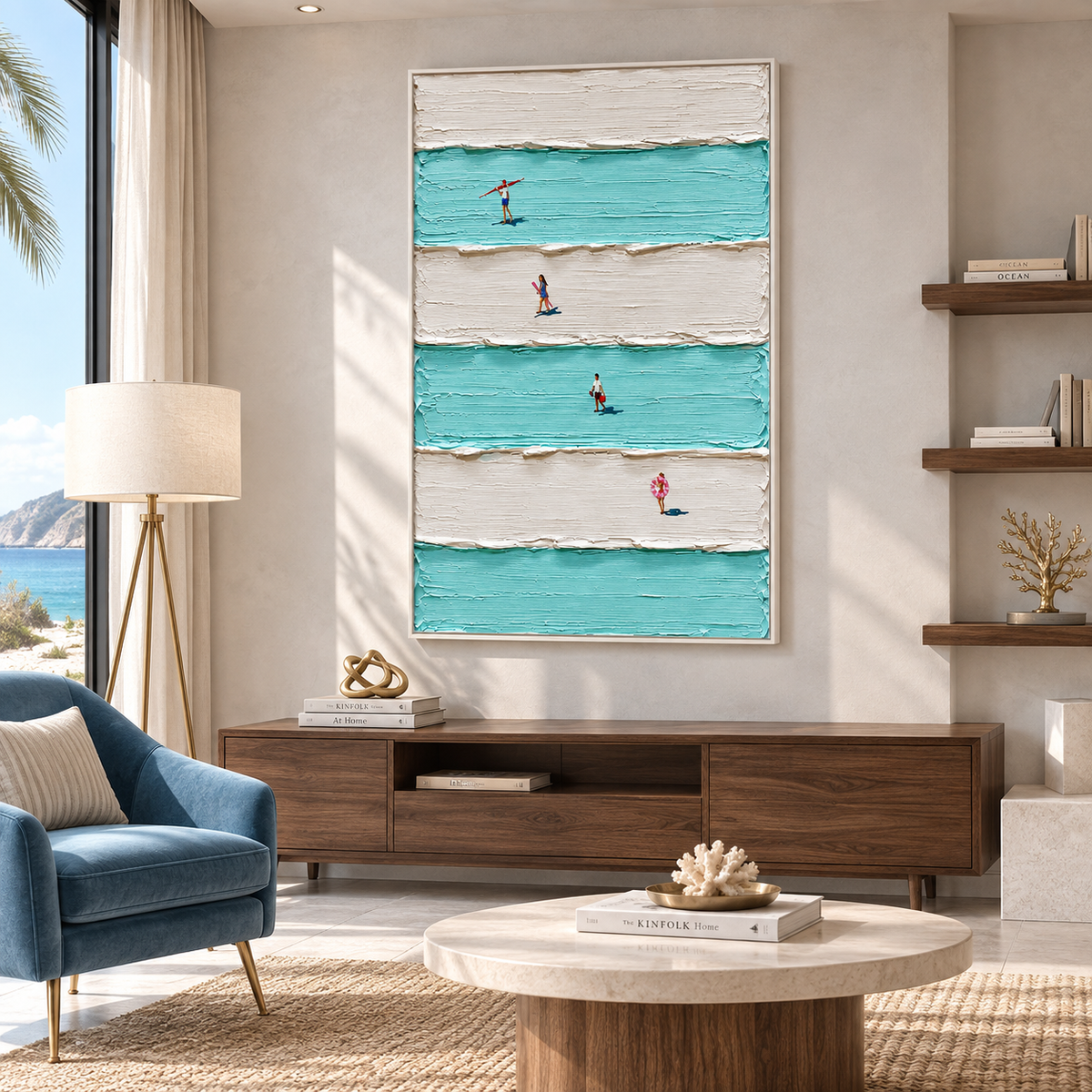 "Striped Waves" – Minimalist Striped Aerial Swimmers Textured Oil Painting