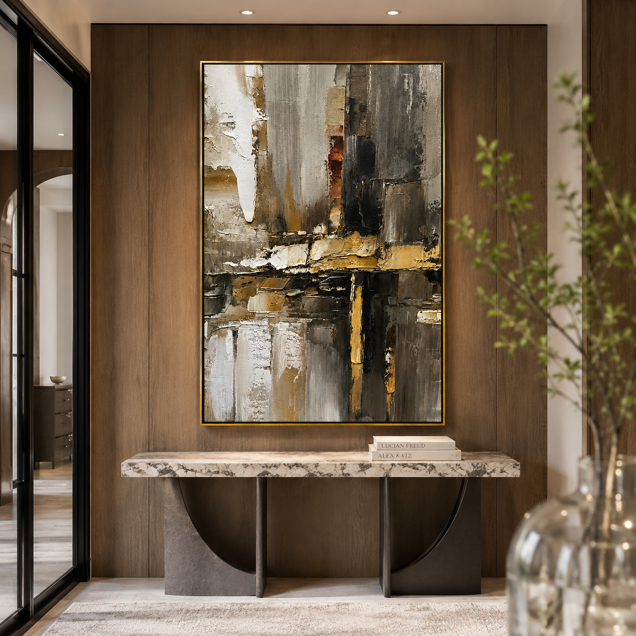 "Urban Relic" – Industrial Black Gold Textured Abstract Painting