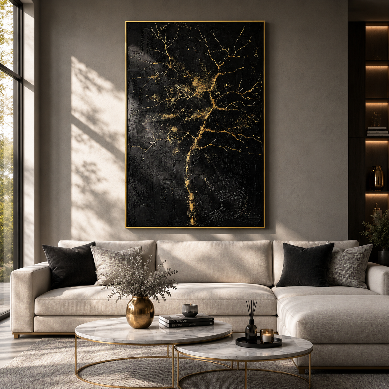 "Gilded Veins" – Black Gold Tree Textured Abstract Painting