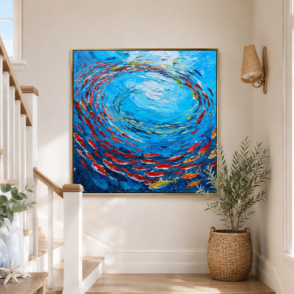 "Circling Abundance" – Blue Fish School Textured Oil Painting