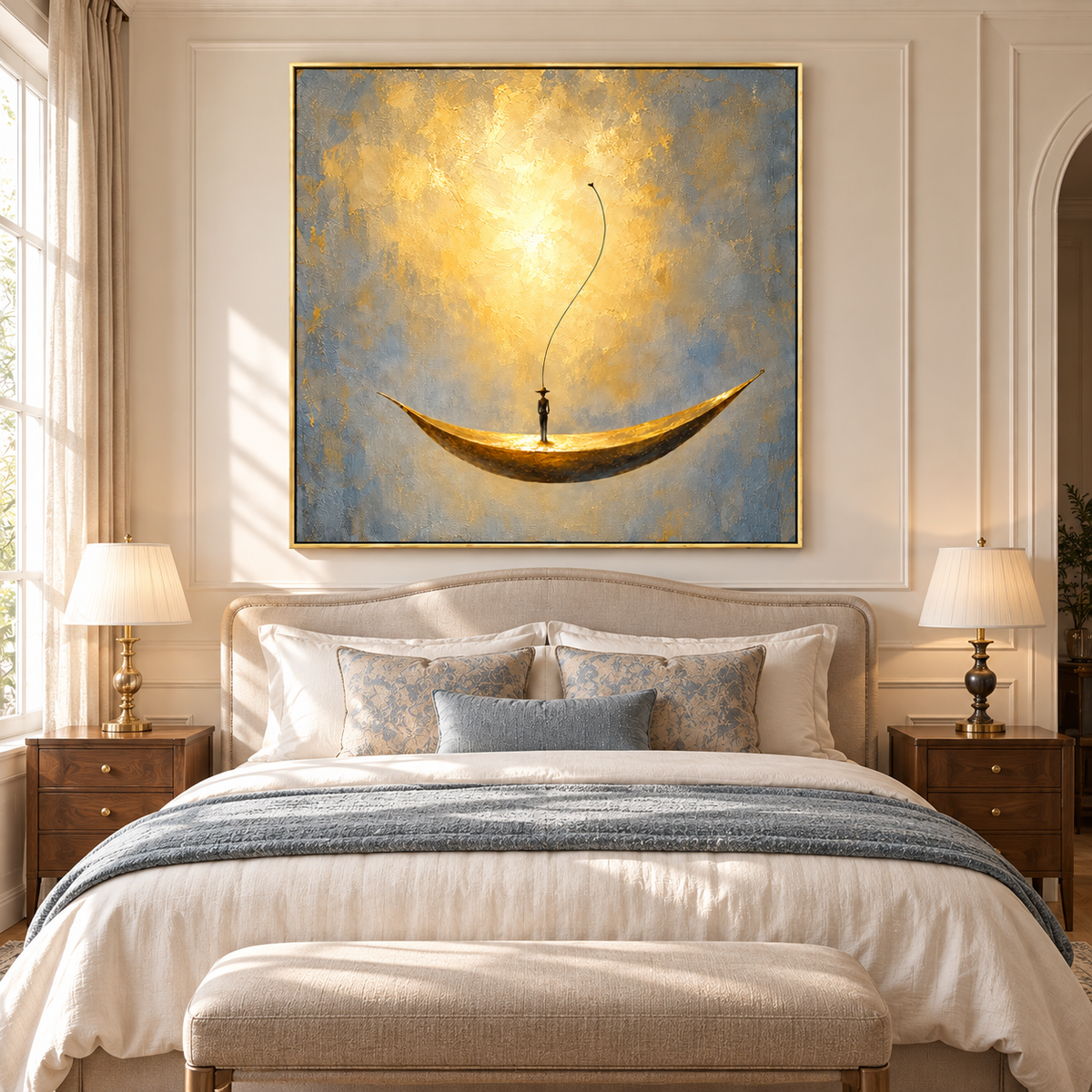 "Voyage of Serenity" – Wabi-Sabi Gold and Grey Abstract Solitary Figure Painting