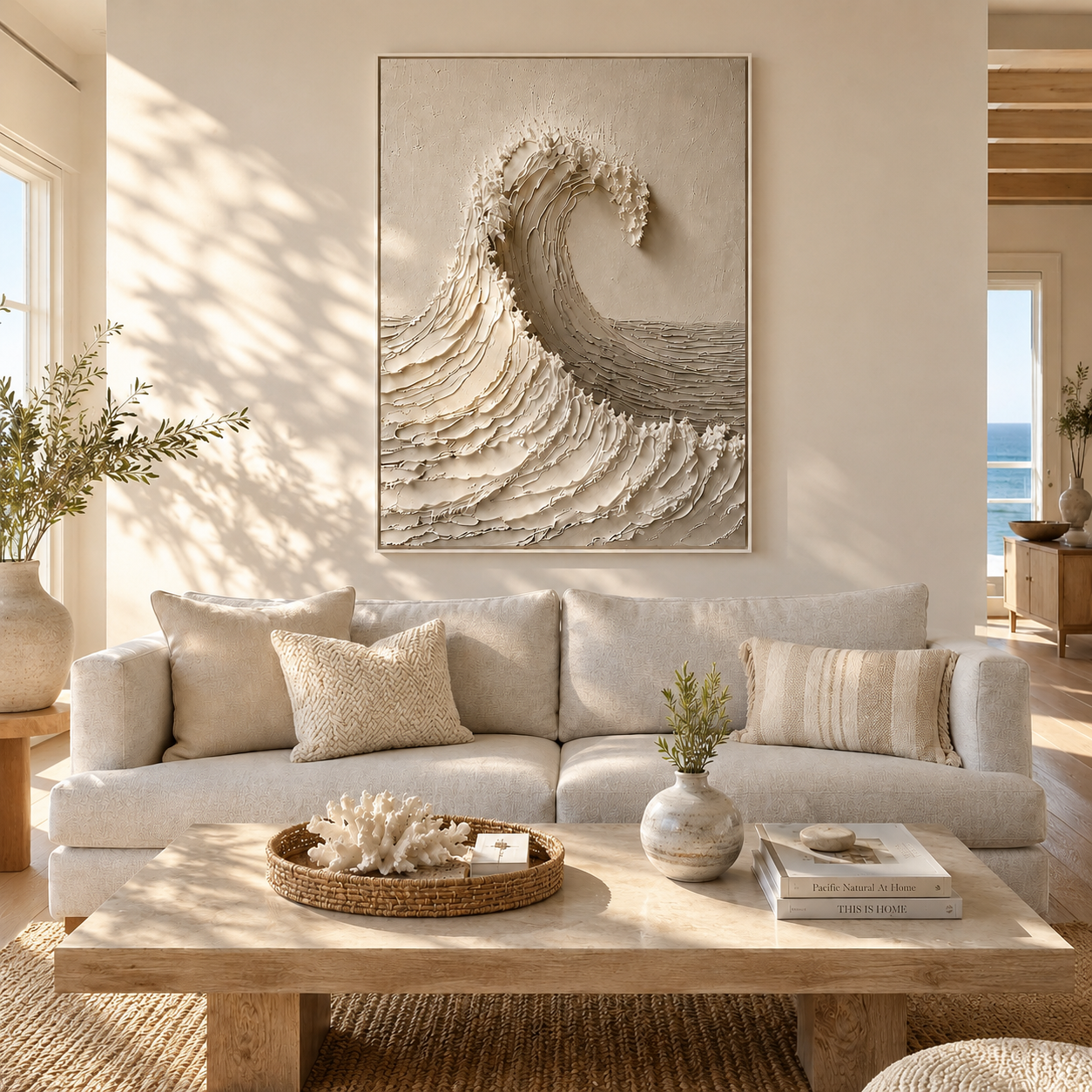 "White Tide Stillness" – Wabi Sabi Wave Textured Oil Painting
