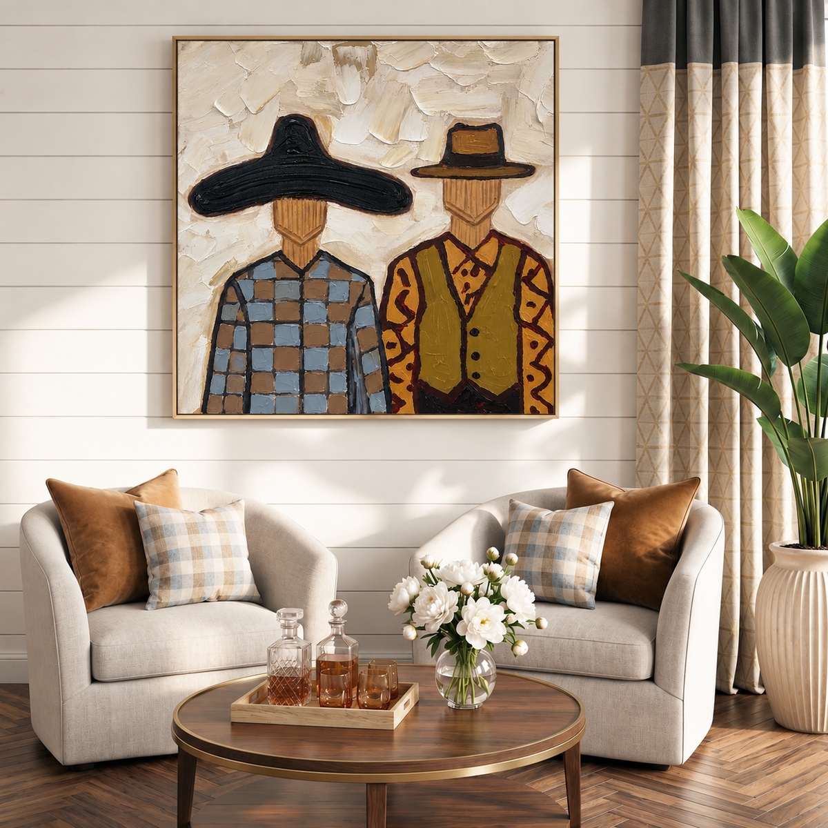 “Ranchside Brothers” – Vintage Western Cowboy Textured Oil Painting