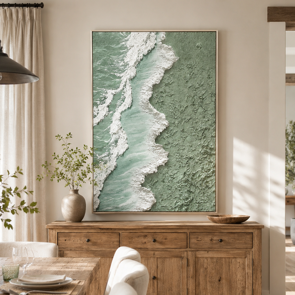 "Seafoam Shoreline" – Green Coastal Textured Abstract Painting