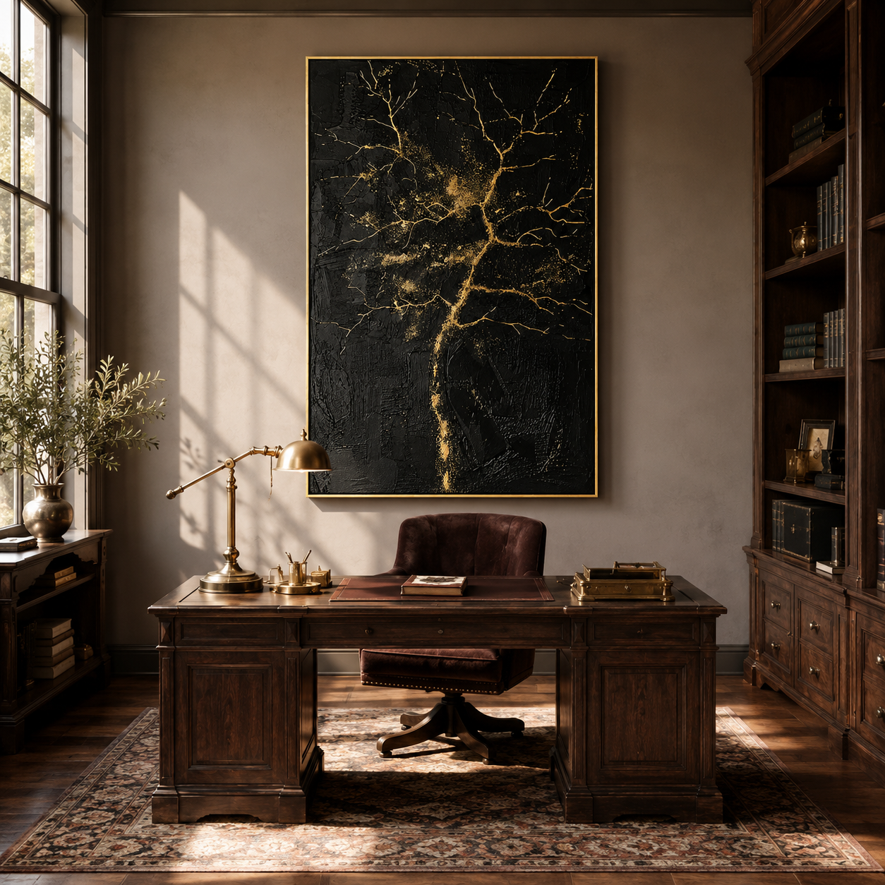 "Gilded Veins" – Black Gold Tree Textured Abstract Painting