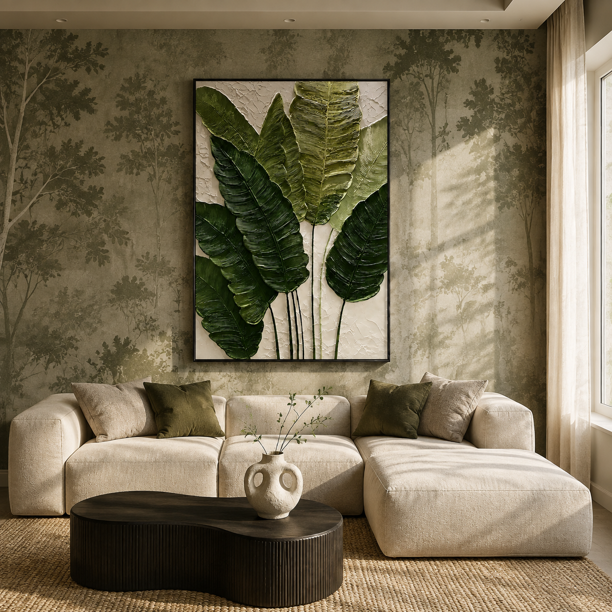 "Verdant Echoes" – Modern Tropical Green Leaf Textured Acrylic Painting