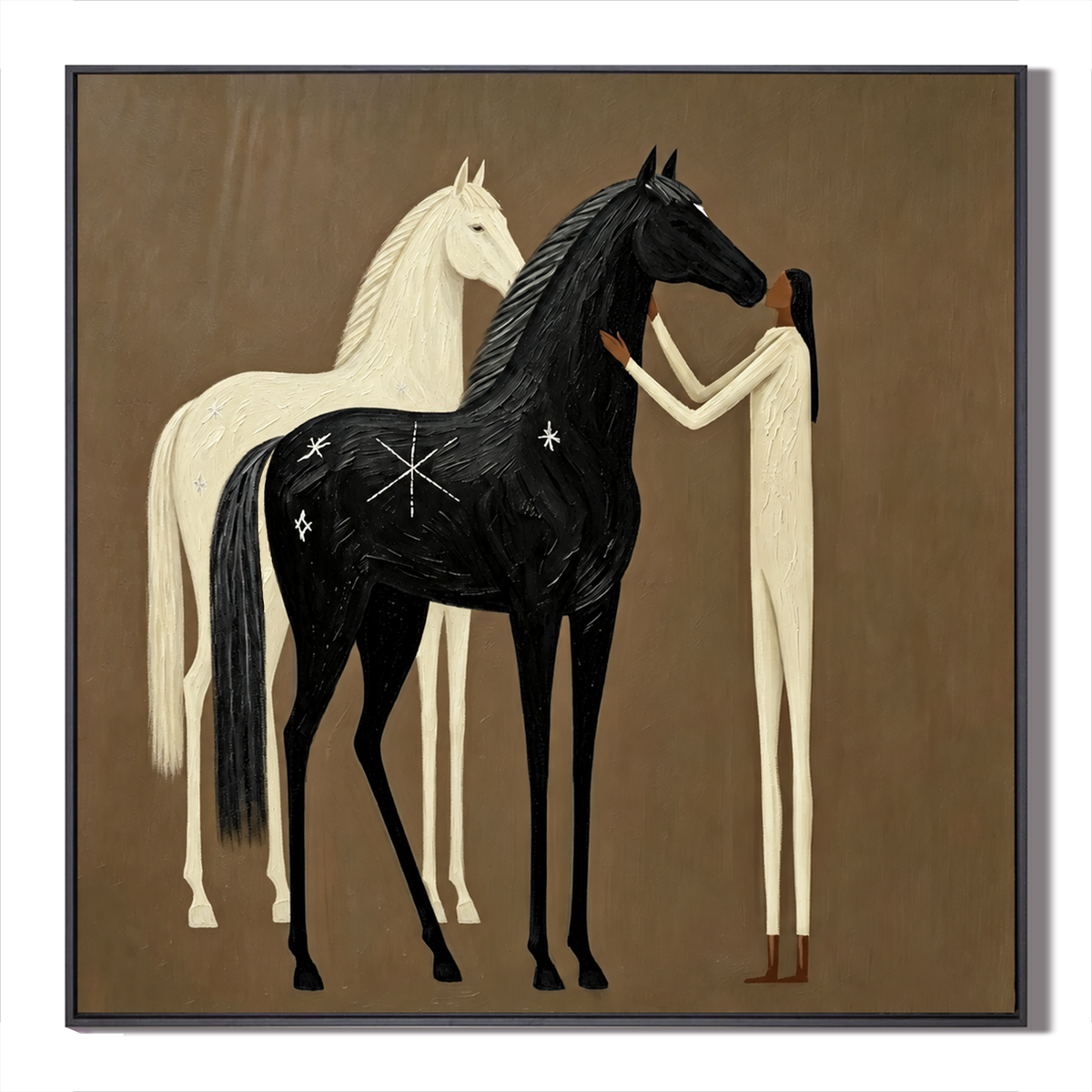 Moonlit Companions – Boho Folk Black and White Horse Oil Painting