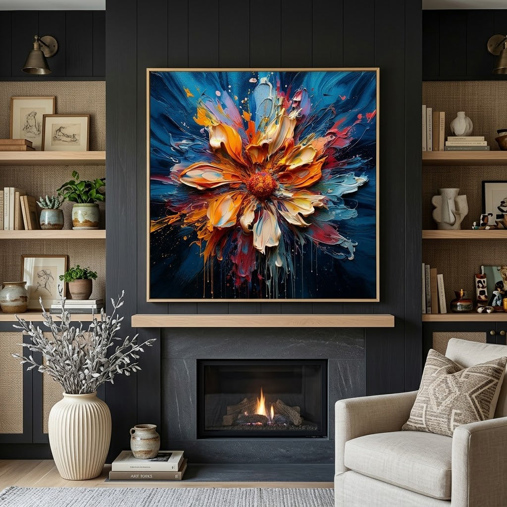 "Radiant Bloom" – Orange Blue Floral Textured Oil Painting