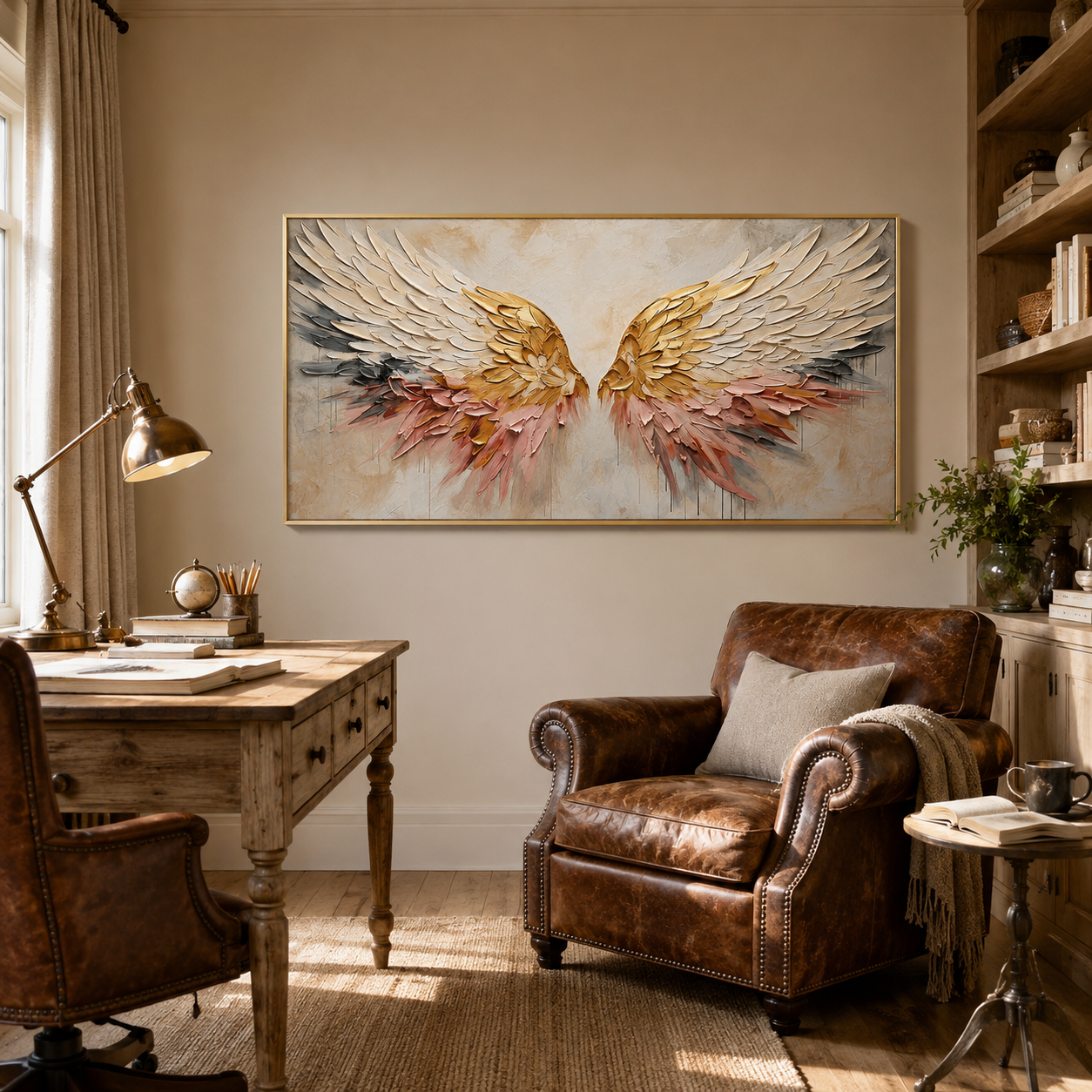“Wings of Grace” – Gold White Angel Wings Impasto Oil Painting